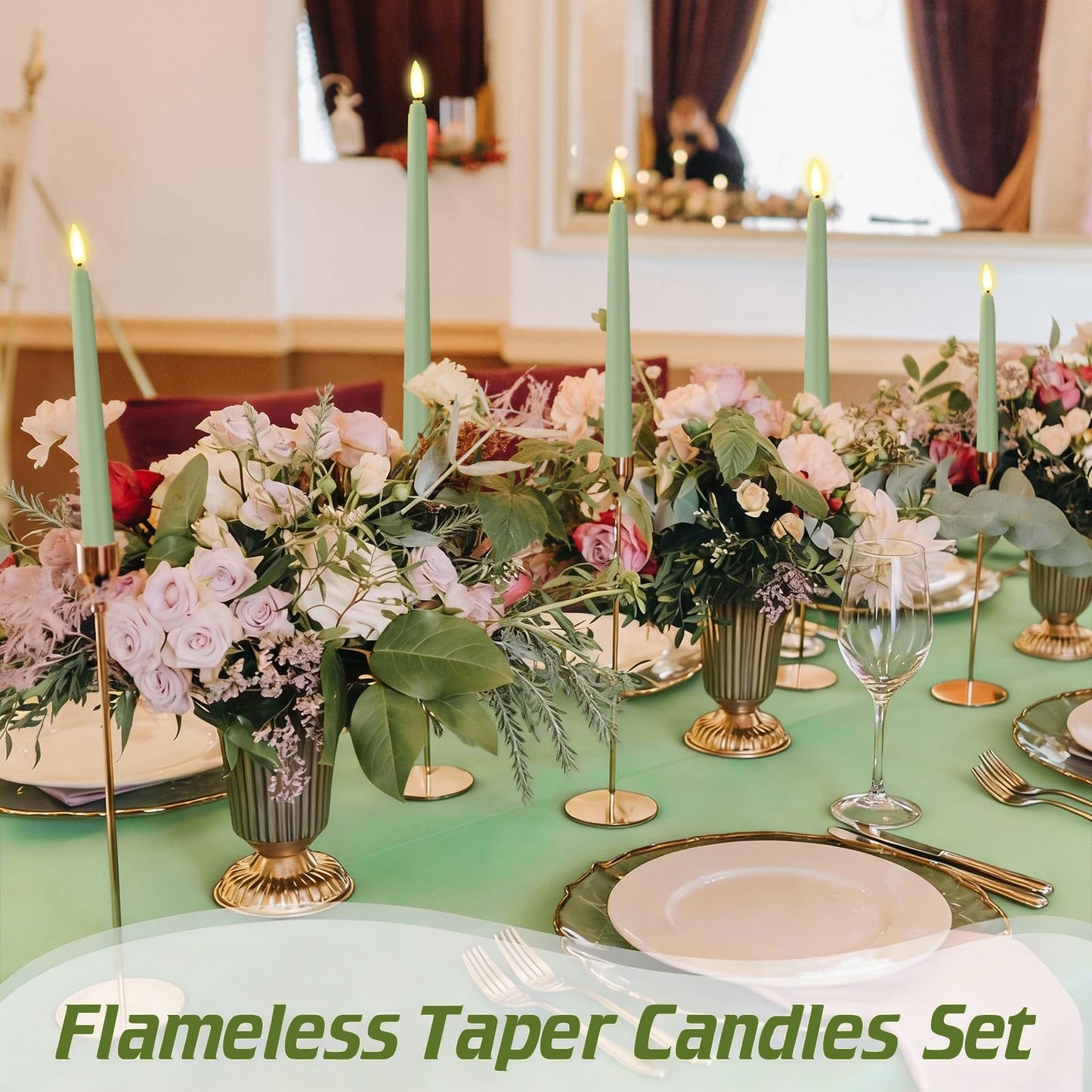 Rossesay 24 Pcs Flameless LED Taper Candles Battery Operated Candle 8.5", 9.65", 10.8", 12.8" Flameless Candlesticks Flickering for Christmas Church Wedding Indoor Decoration(Classic, Rat Tail Green)