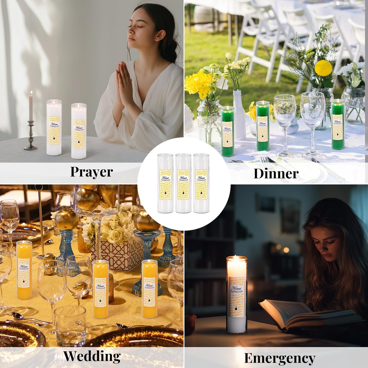 KONNI 2x8 Inch White Pillar Candles in Glass Set of 3, Devotional Prayer Candle, Unscented Religious Candles, 105 Hours Emergency Long Burning, Ideal for Memorials, Vigil, Blessing