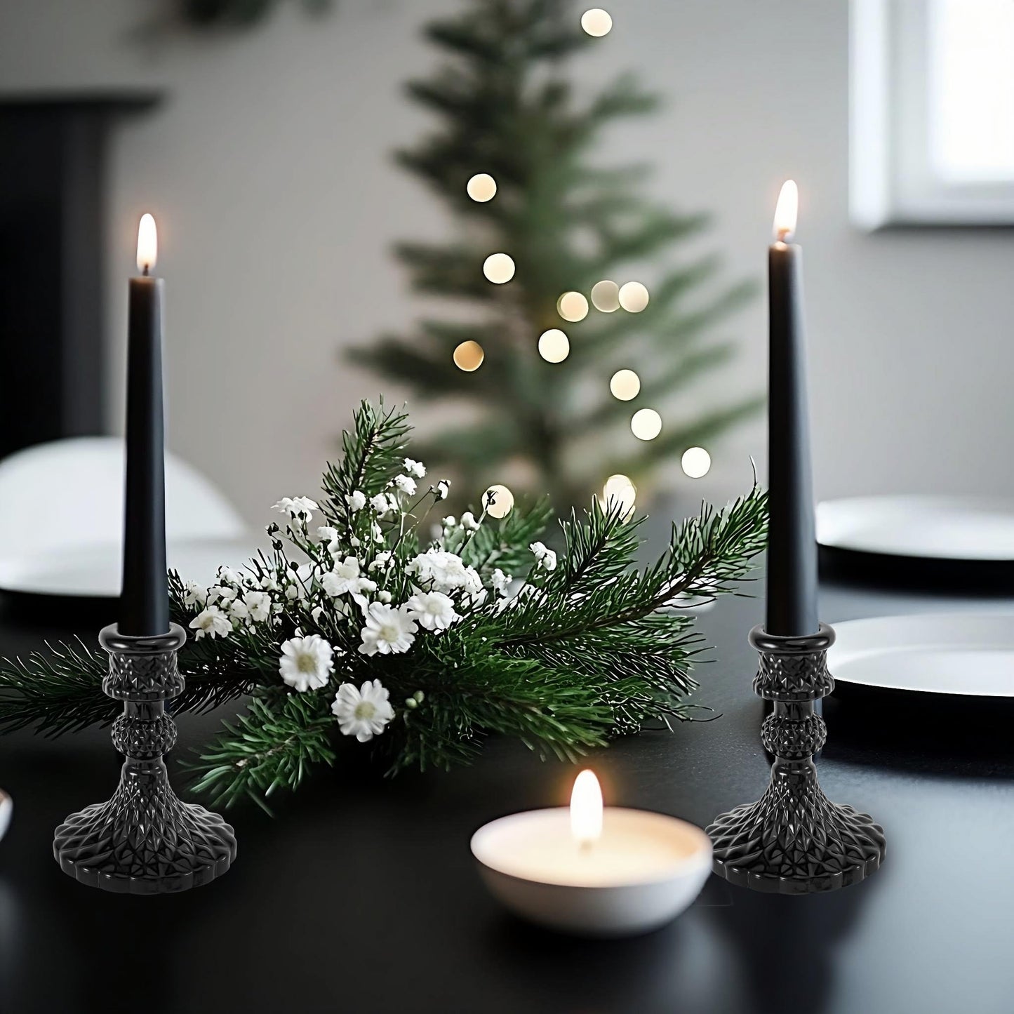 ECHFSM Glass Candlestick Holder,Striped Taper Candle Holders,Set of 6 Candle Stand for Table Centerpieces, Home Decor,Weddings,Festival and Parties (Black Diamond)