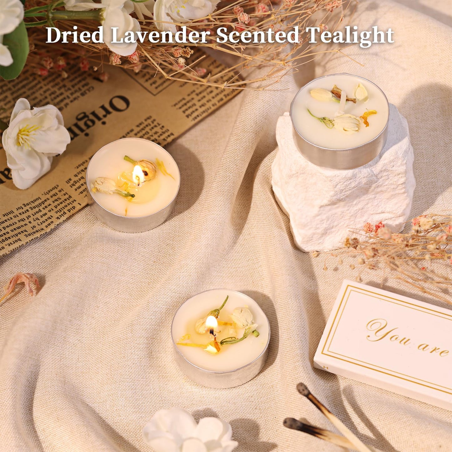 Jasmine Scented Tealight Candles 16 Pack - 4-Hour Palm Wax White Tea Lights, Plant Dried Flower Scented Tea Candle (Paraffin-Free), Votive Candles for Home/Yoga/Bath/Meditation