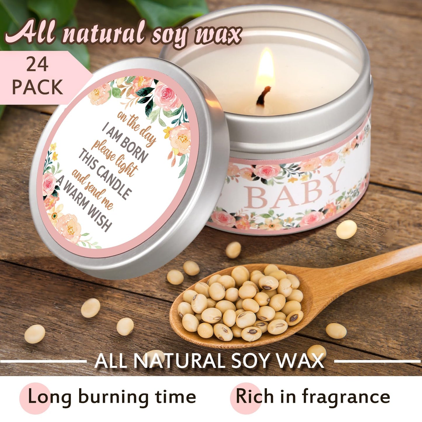 MTLEE 24 Pcs Flowers Baby Shower Party Favors Candles Lavender Scented Baby Shower Favors for Guests Rustic Tealights Candles Gender Reveal Return Gifts (1.2 oz, Pink)