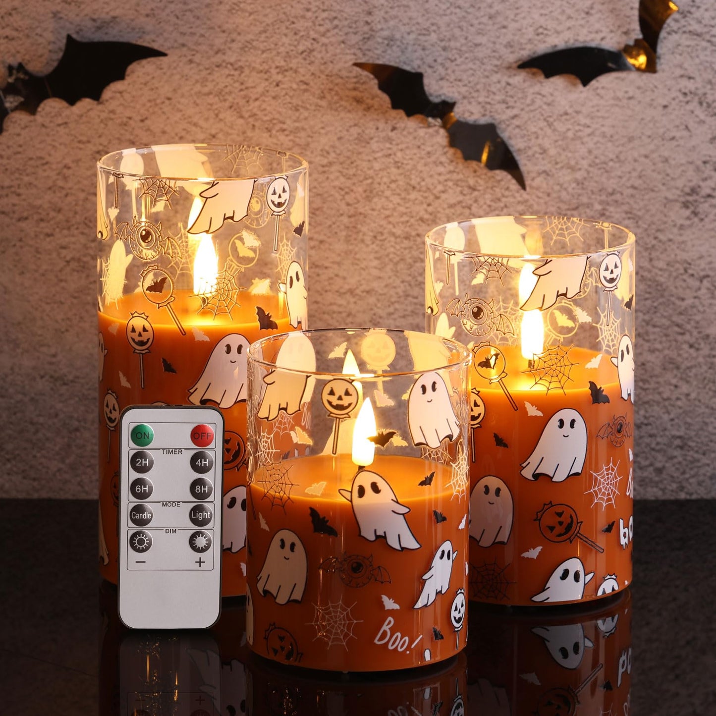Girimax Orange Halloween Flameless Pillar Candles with Remote, Glass Flickering LED Wax Candles Battery Powered Set of 3