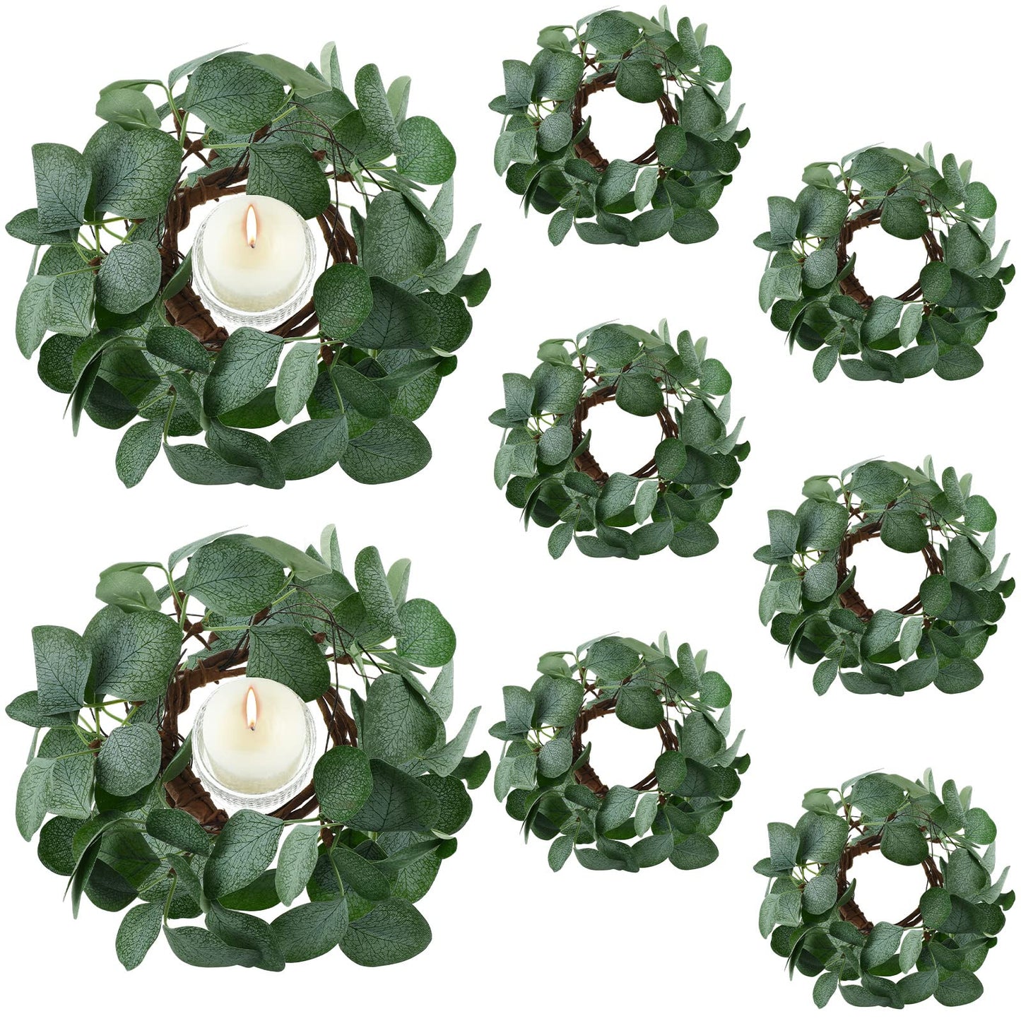 Waydress 8 Pcs Candle Rings Artificial Eucalyptus Leaves Candle Wreaths 6 Inch Boho Greenery Wreaths Rings for Pillars Candleholders for Wedding Party Home Table Door
