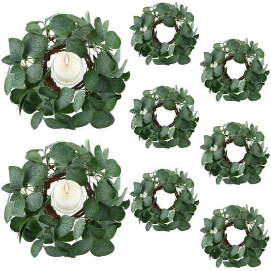 Waydress 8 Pcs Candle Rings Artificial Eucalyptus Leaves Candle Wreaths 6 Inch Boho Greenery Wreaths Rings for Pillars Candleholders for Wedding Party Home Table Door