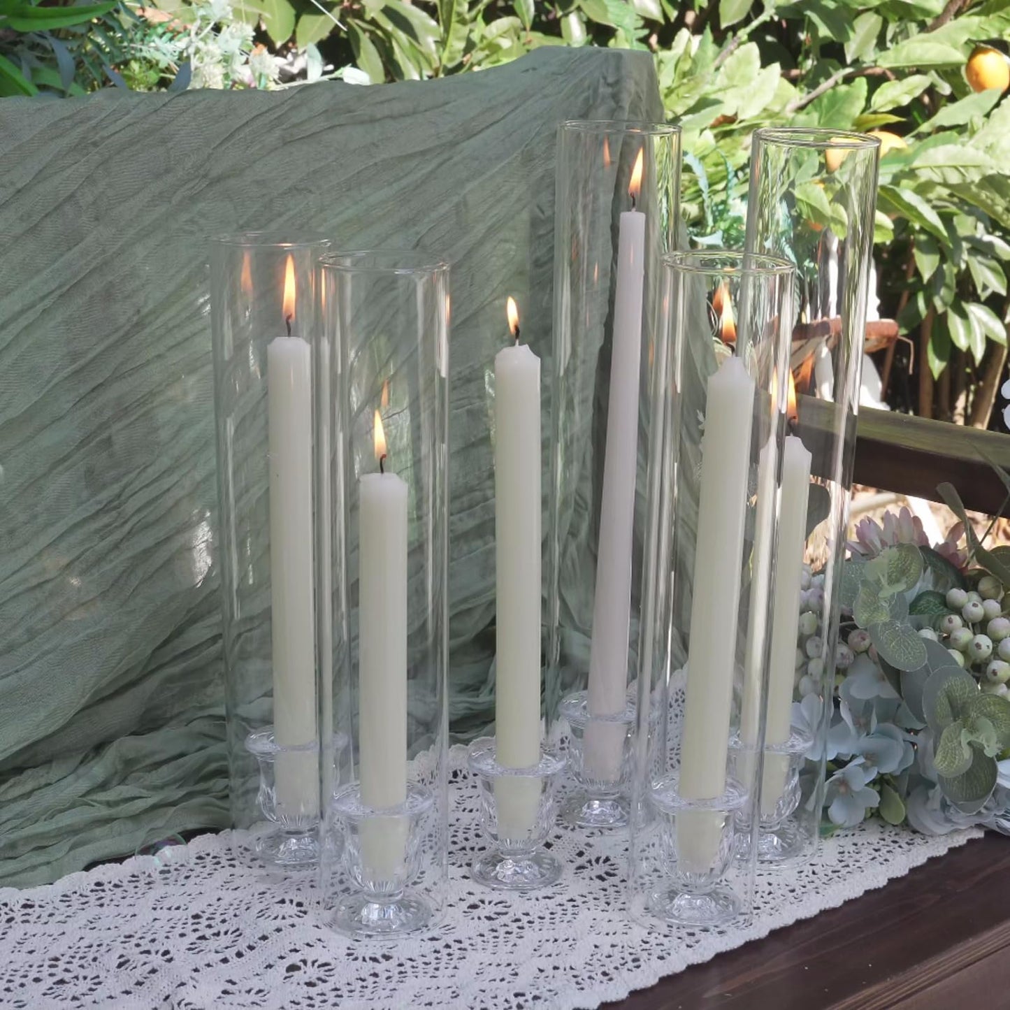 CHILL RECIPE Hurricane Glass Candle Holders-Set of 12 Tall Taper Candle Holder with 14” Tall Clear Cylinder Covers for Wedding Table Centerpiece Home Decor (Floral Base+Clear Chimney)
