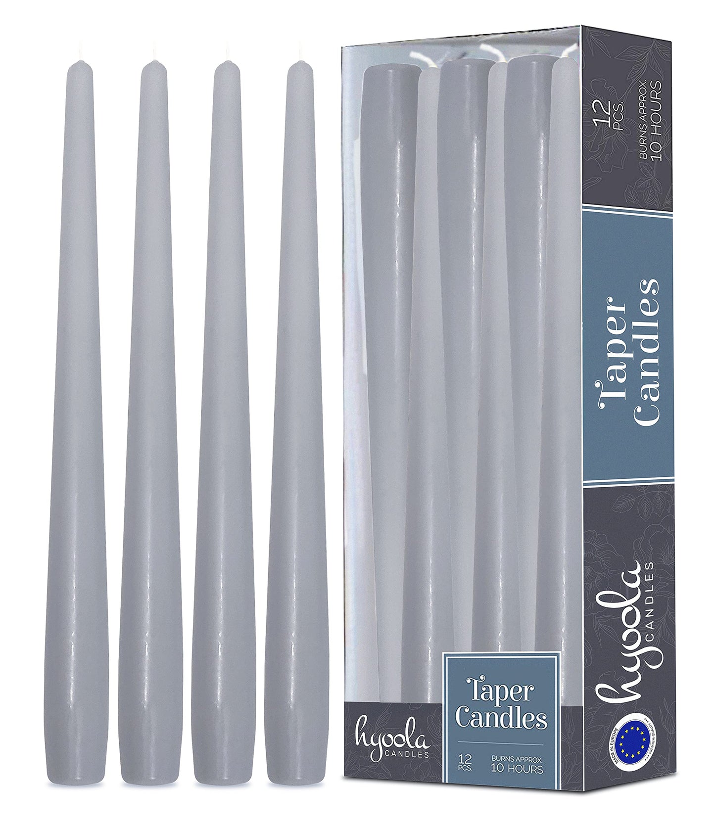 Hyoola Tall Taper Candles - 12 Inch Silver Grey Unscented Dripless Taper Candles - 10 Hour Burn Time - 12 Pack