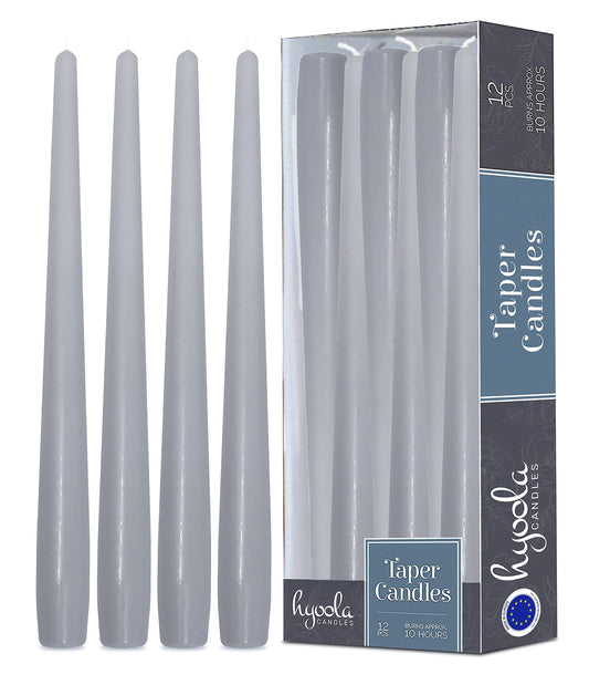 Hyoola Tall Taper Candles - 12 Inch Silver Grey Unscented Dripless Taper Candles - 10 Hour Burn Time - 12 Pack