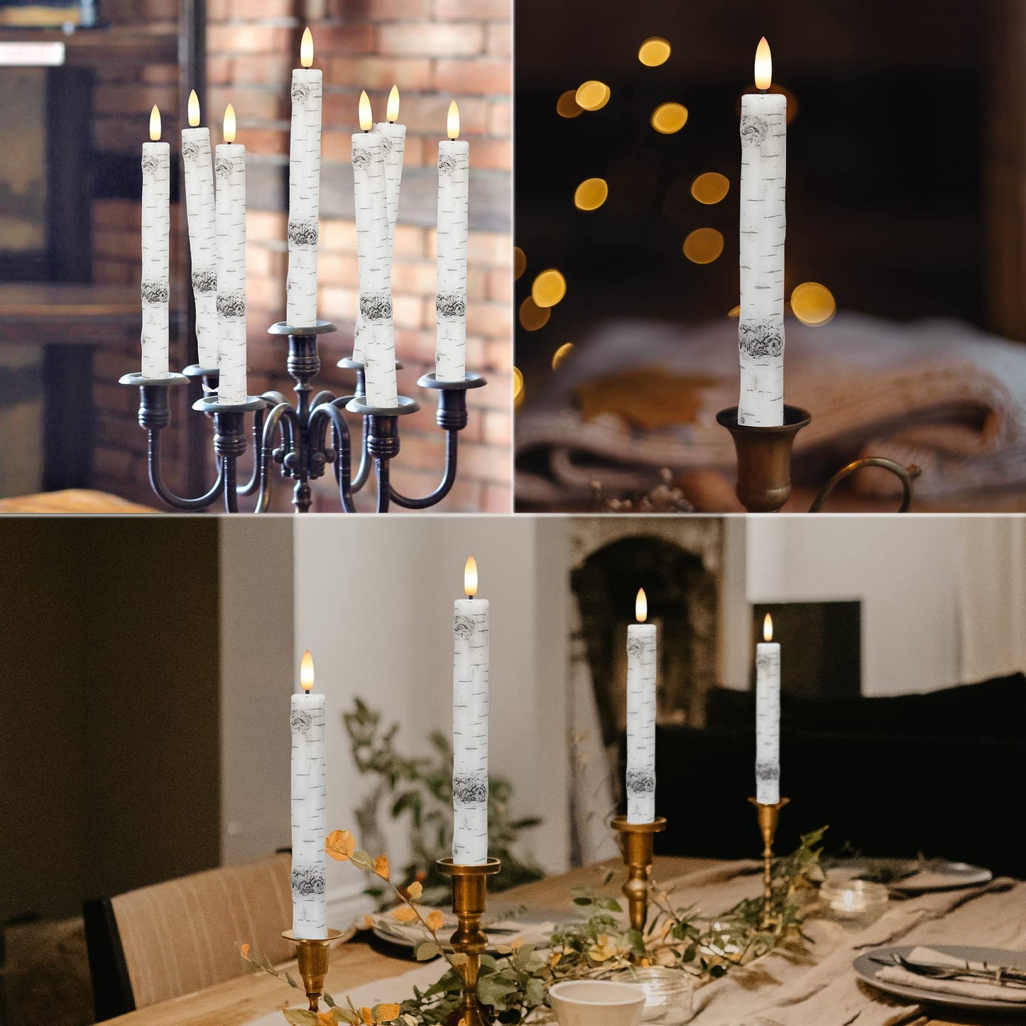 Birch Bark Flameless Taper Candles with 3D Wick, 9.6" Real Wax LED Candles with 2 Remote and Timer, 6 Pack Flickering Candlesticks Battery Operated Electric Candle for Home, Wedding, Party, Decor