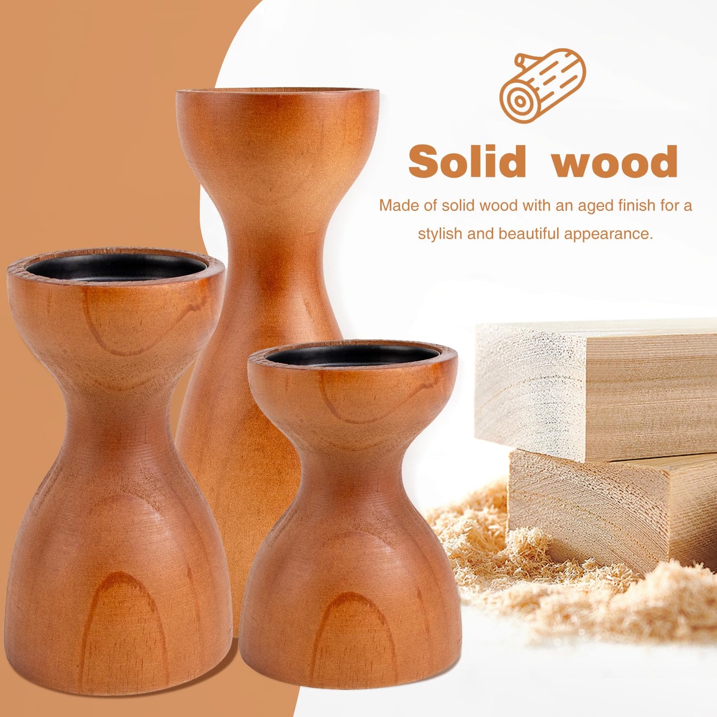 Set of 3 Farmhouse Wooden Candle Holders for Pillar Candles , Brown Rustic Wood Pillar Candle Stands Table Centerpiece Decor for Fireplace, Living, and Dining Room