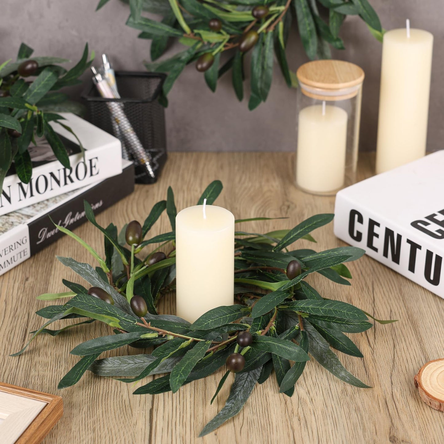 4 Pcs Artificial Green Olive Candle Rings Wreaths Greenery Wreath with Olive Leaves Spring Summer Kitchen Cabinet Wreath for Pillars Farmhouse Festival Wedding Celebrations Tabletop Decoration