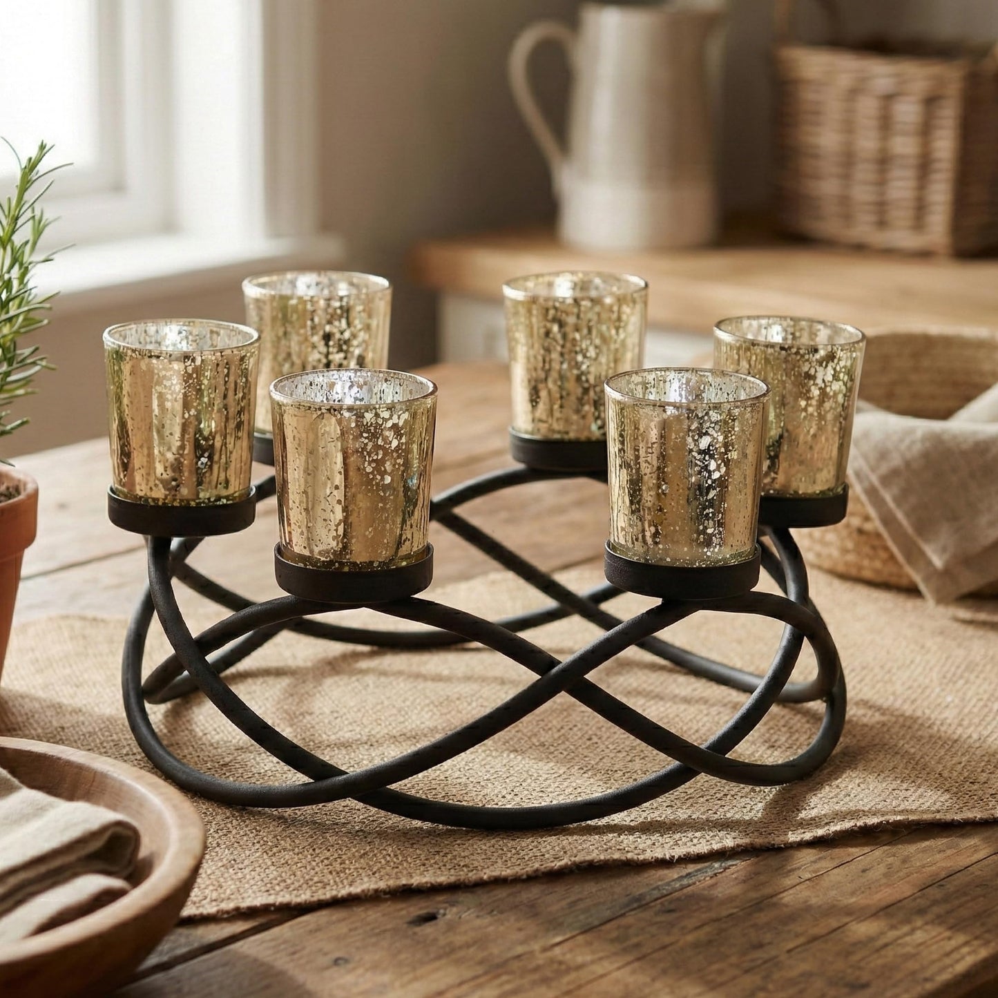 Seraphic Centerpieces for Table Decorations - Round Candle Holders for Outdoor Patio, Dining, Kitchen, Coffee & Wedding Table Decor, Black Iron Candelabra, 6 Gold Glass Votive Tealight Cups