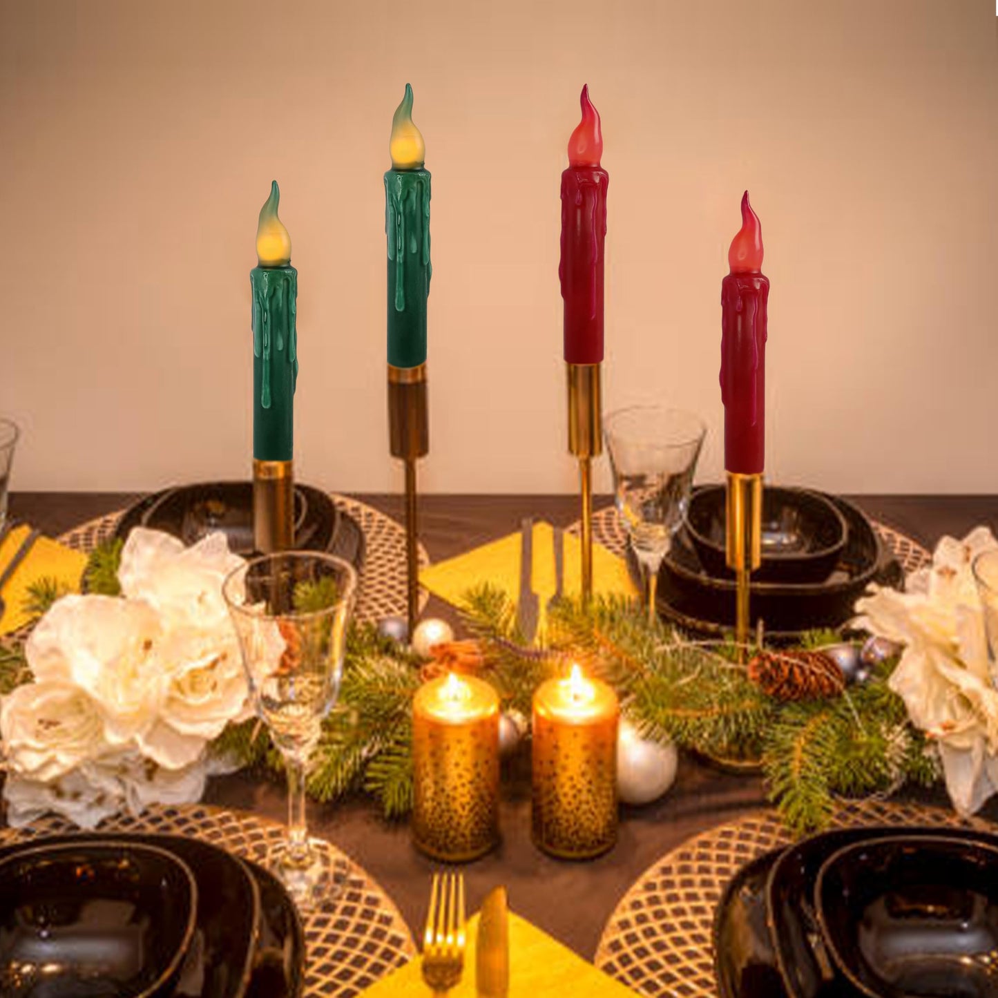 FCMSHAMD Christmas Red Green Flameless Short Taper Candles, Real Wax Hand Dipped LED Battery Operated with Remote, Flickering Flame Lights for Home Décor, 6.7 Inch Primitive Flameless Candles, 4PCS