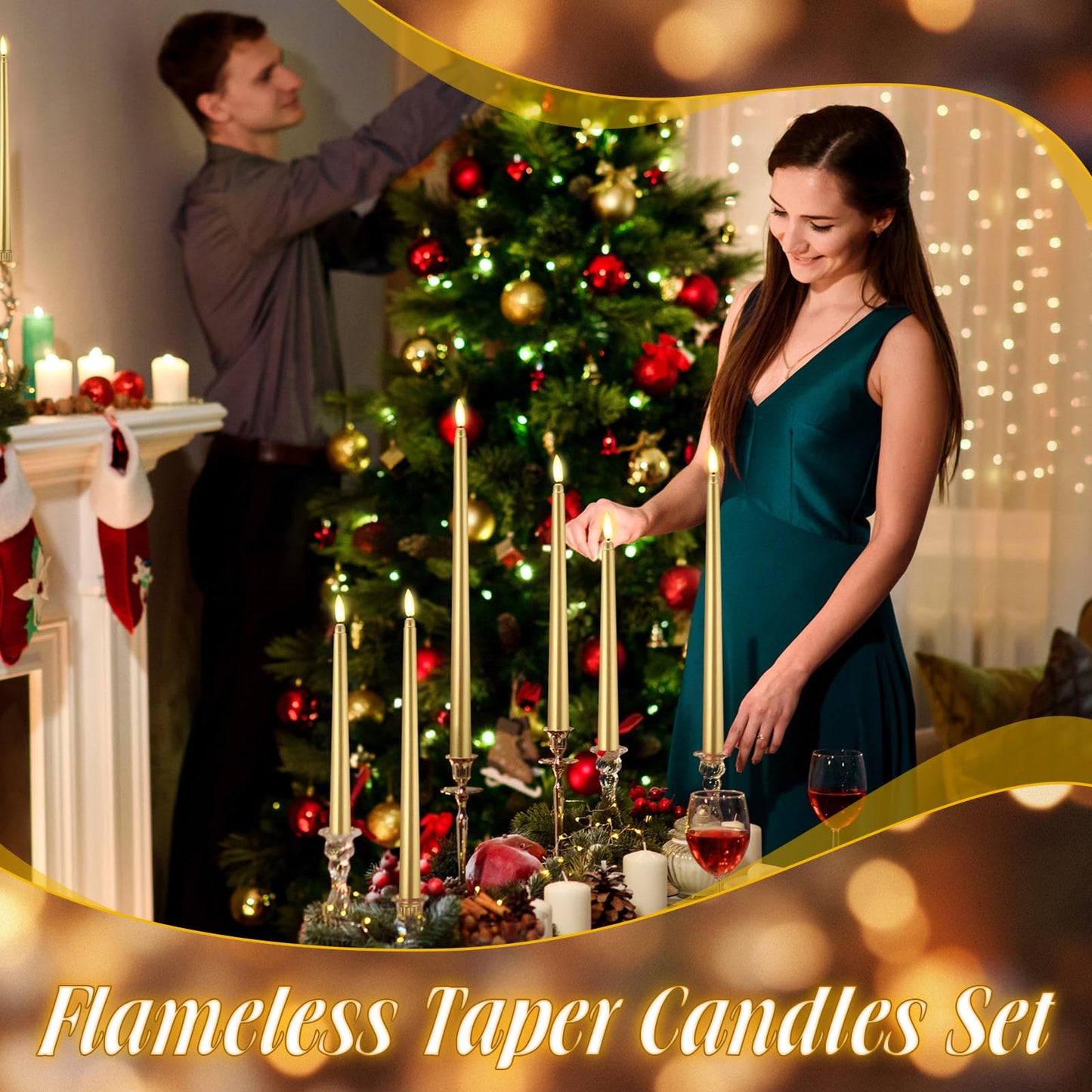 Rossesay 48 Pcs Flameless LED Taper Candles Battery Operated Candles 4 Sizes of 8.5'', 9.65'', 10.83'', 12.8'' Flameless Candlesticks Flickering for Halloween Christmas Church Wedding(Golden)