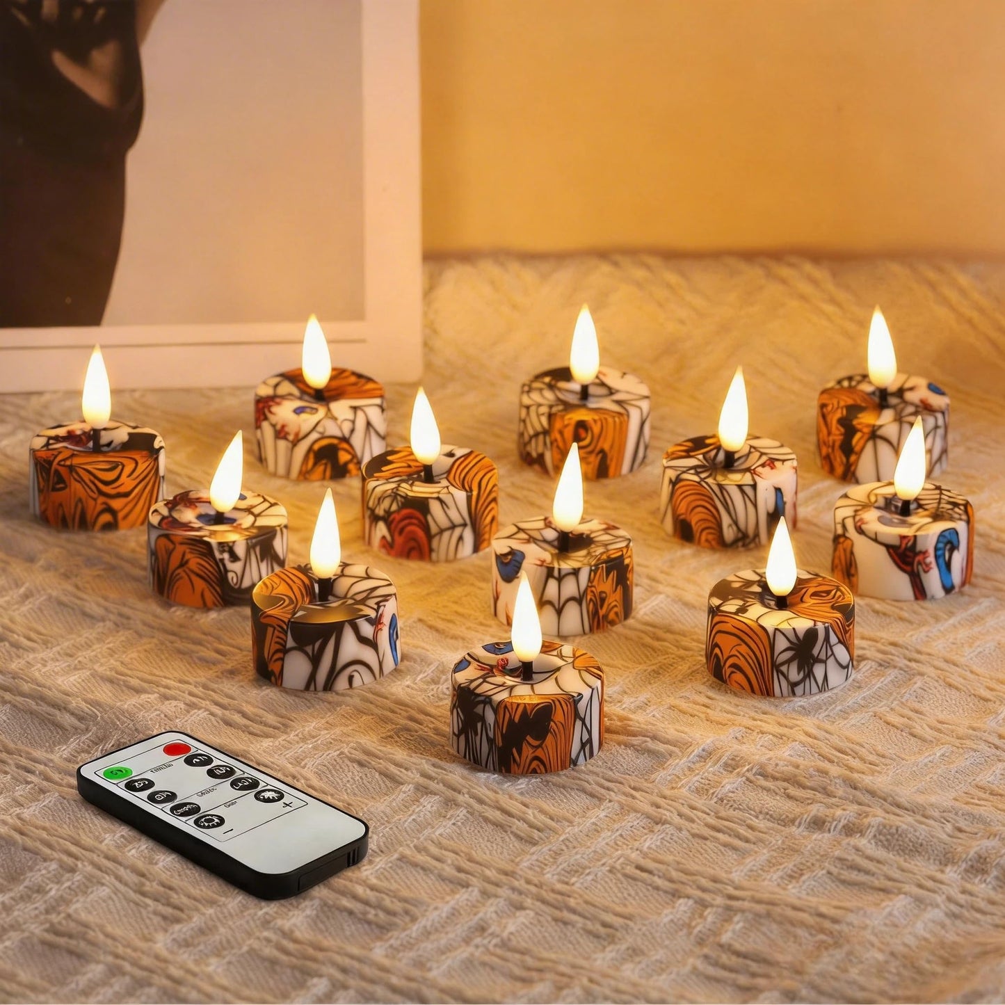 Eywamage Flameless LED Tealights with Remote Set of 12, Cool Pattern Battery Tea Votive Candles Holiday Gift