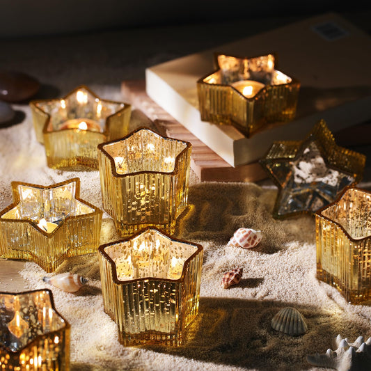 Letine 10pcs Gold Ribbed Candle Cups – Assorted Height Tea Light & Votive Candle Holders for Diwali, Wedding, Table Centerpiece, Fall & Holiday Decor – Lucky Star Jar (Tall 2.44", Short 1.57")