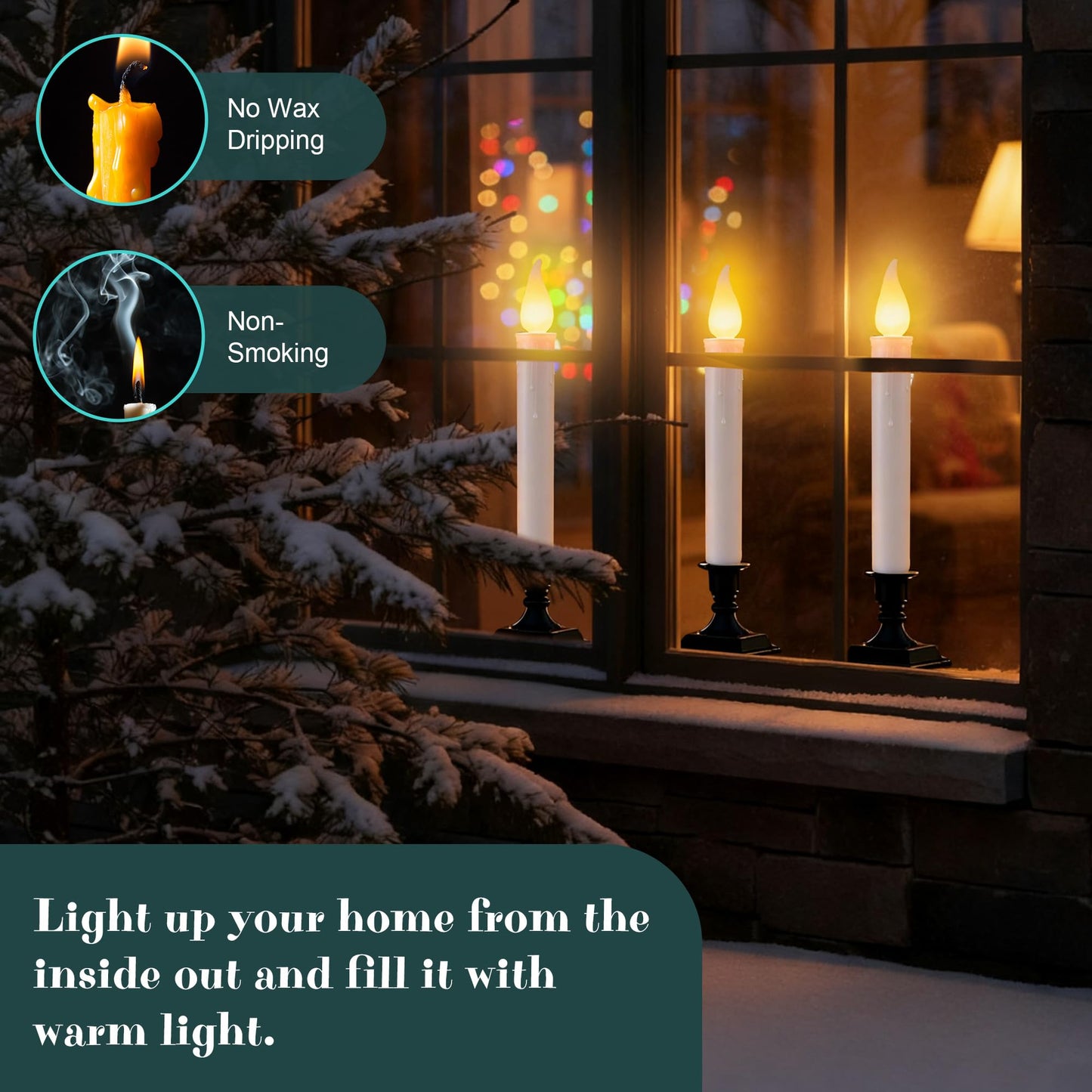 Enhon 18 Pack Battery Operated LED Window Candles, Dusk to Dawn Light Sensor, with Black Holders and Suction Cups, Ivory Christmas Window Candles, Amber Flicker Flame (Batteries AA Included)