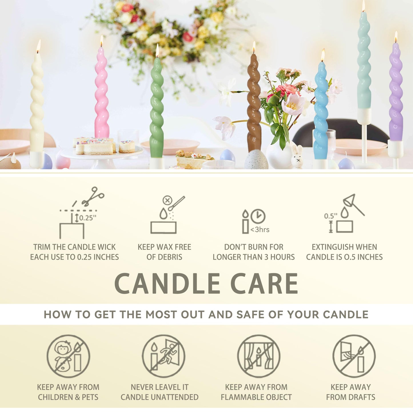 White Candle 7.5 Inch Spiral Twisted Taper Candle Hand Poured Unscented Smokeless Clean Burning White Spiral Candle for Mother's Day Wedding Dinner Morning Coffee Ritual Breakfast Table Everyday