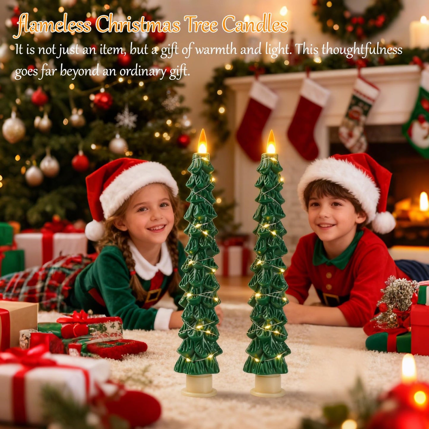 Eynshoo 2-Pack Christmas Tree Flameless LED Candles with String Lights, Realistic 3D Flickering Flame, Remote Control, Battery-Operated Christmas Decorations for Home & Holiday Display