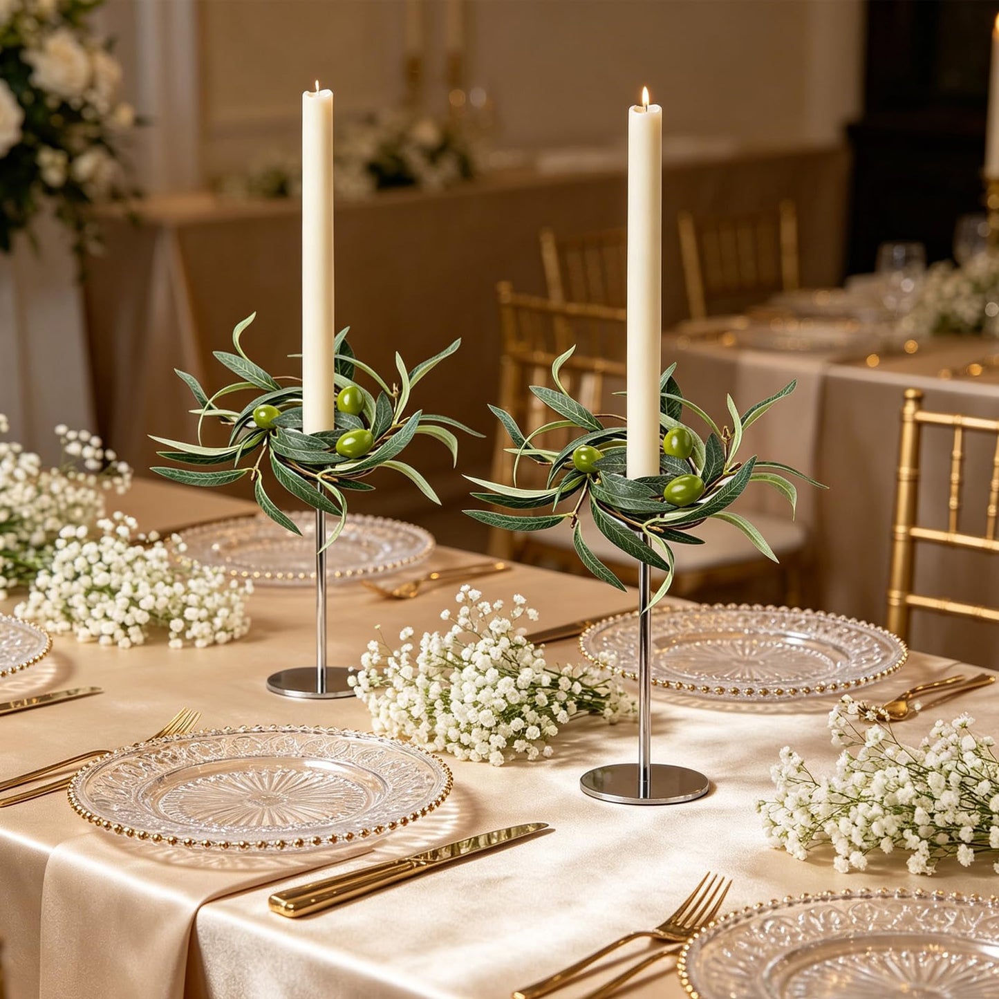6 PCS 1.38" Mini Spring Summer Taper Candle Ring Mini Green Olive Candle Rings for Tapers Small Artificial Greenery Candle Holder Wreaths for Table Centerpieces Home Wedding Candlesticks Decor