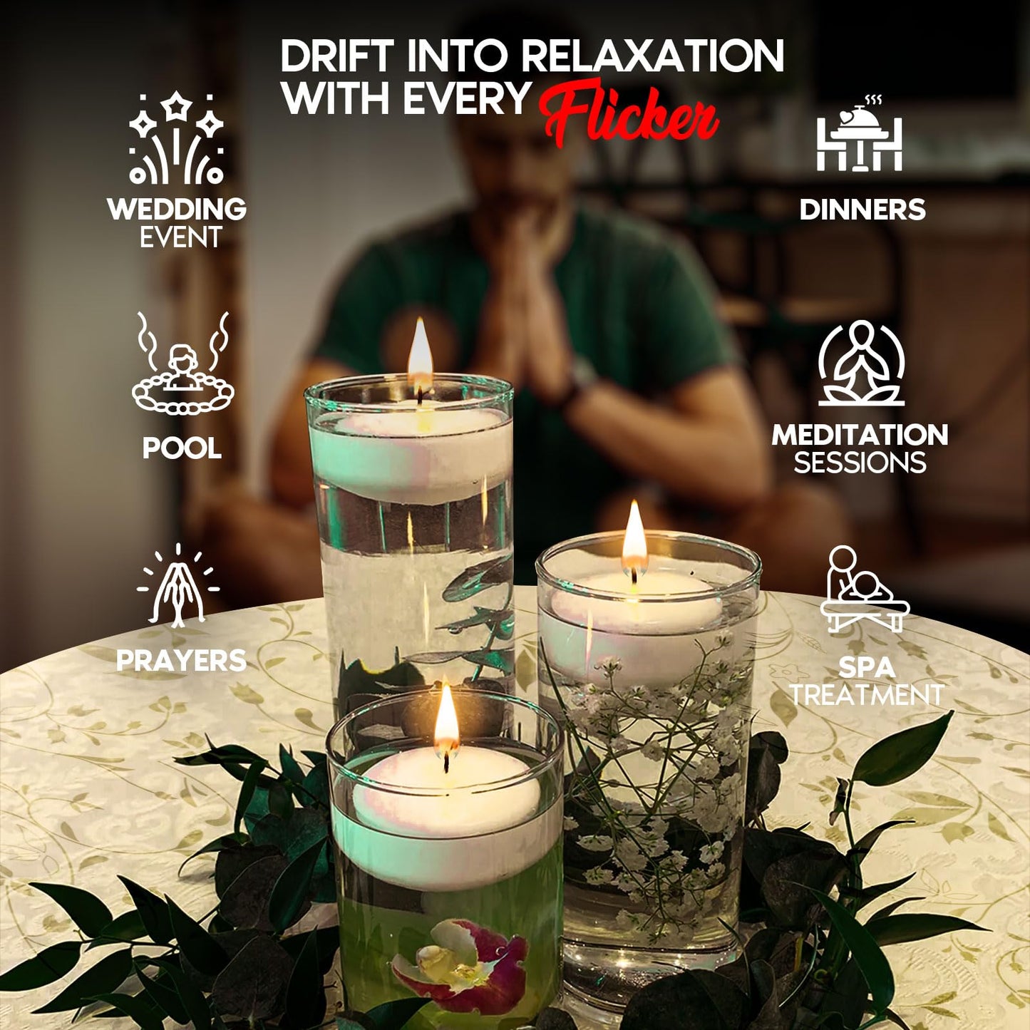 Candle Charisma White Floating Candles 3 Inch (Set of 24) – 8-Hour Dripless, Smokeless Burn with Natural Flickering Flame – Perfect for Weddings, Centerpieces, Pool Nights & Special Events