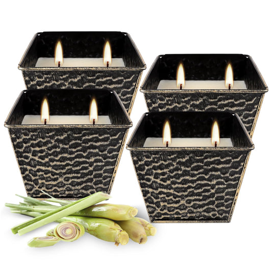 Citronella Candles 4 Pack - 2 Wicks Outdoor & Indoor Ambience Candles Vintage Hammered Metal Jar, Smokeless Clean Burning, Summer Gift for Patio, Garden, Camping & Picnic