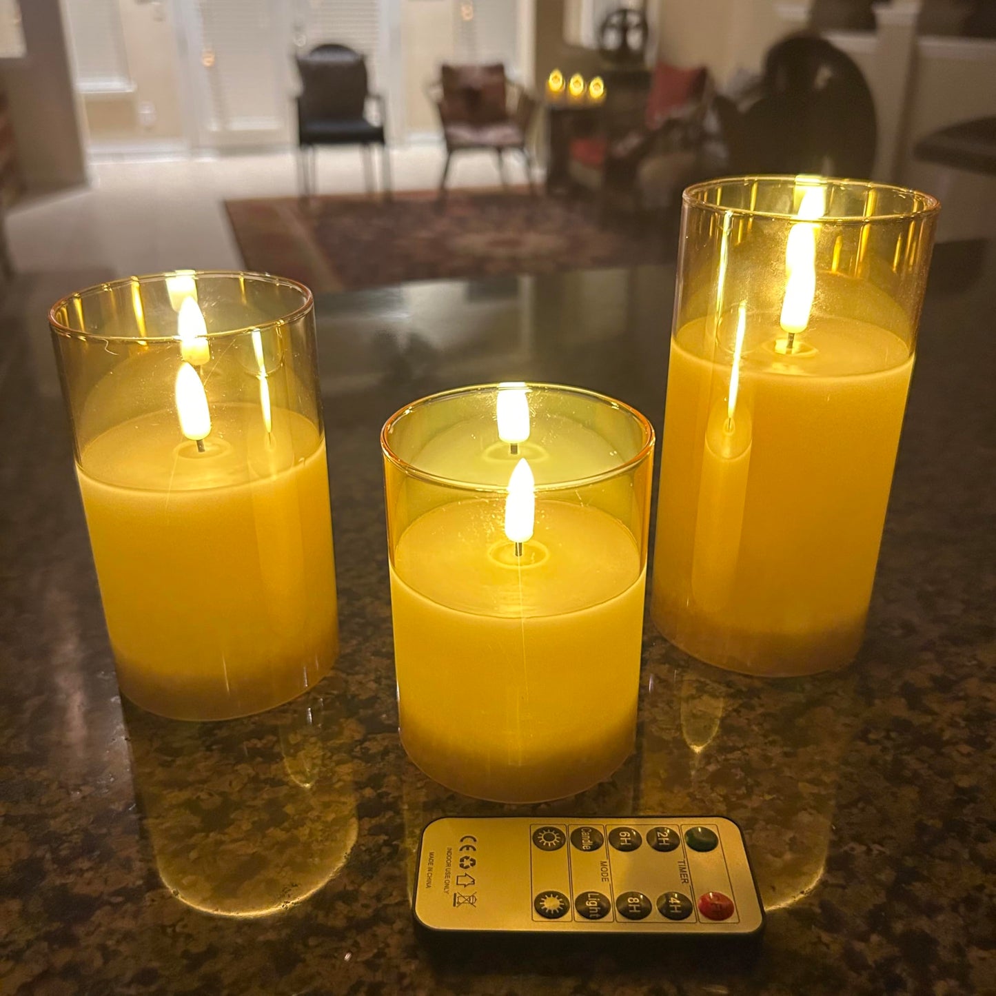 LinYang International Vanilla Scented Flameless LED Candles with Remote & Timer, Real Wax Flickering Pillar Candles in Glass,Battery Operated,for Home Decor,Spa,Gifts,Weddings,Holidays,Set of 3,Gold