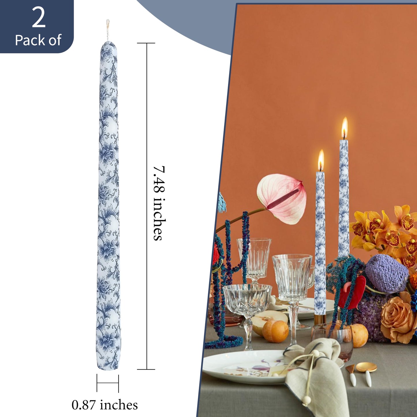 Handmade Printed Candles 10 in Long Candle Sticks Unscented Candle Blue and White Porcelain Pattern Candles for Home Wedding Dinner Holiday Party