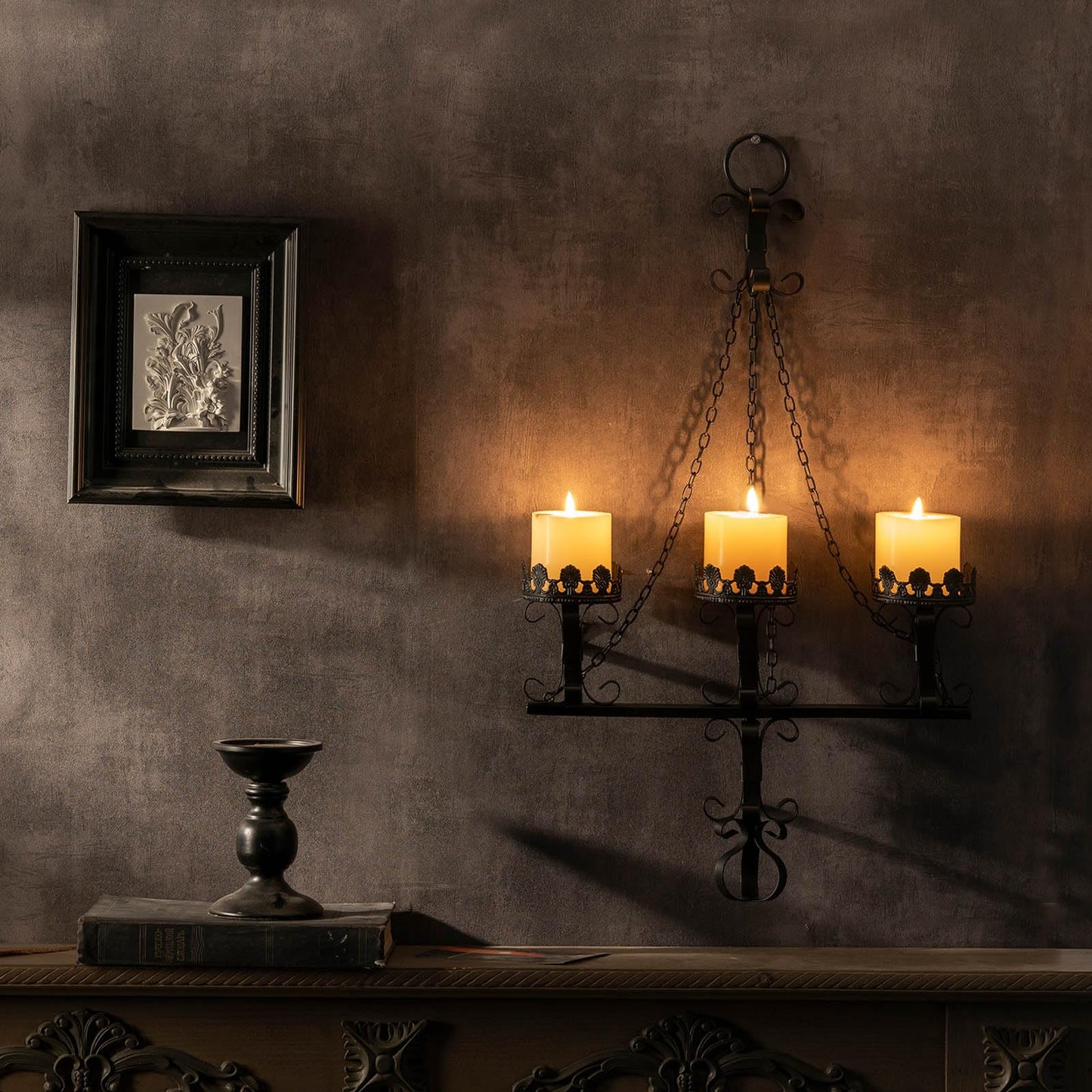 Black Wall Candle Sconces,3 Iron Candelabra,Gothic Victorian Decor,Rustic wall Candle Holder for Bathroom,Living Room,Dining Room Indoor Outdoor Use
