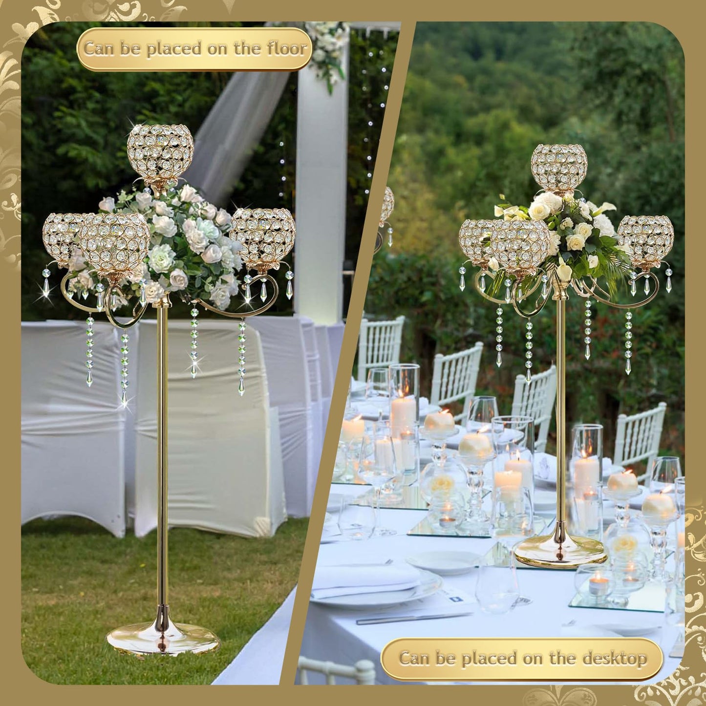50" Tall Large Elegant Crystal Candelabra/Candlestick Holder Centerpiece for Weddings, Parties & Reception Decoration, Tealight Tray & Gorgeous Floor Candelabra Home Decor(Gold-1pc, 5-Arm)