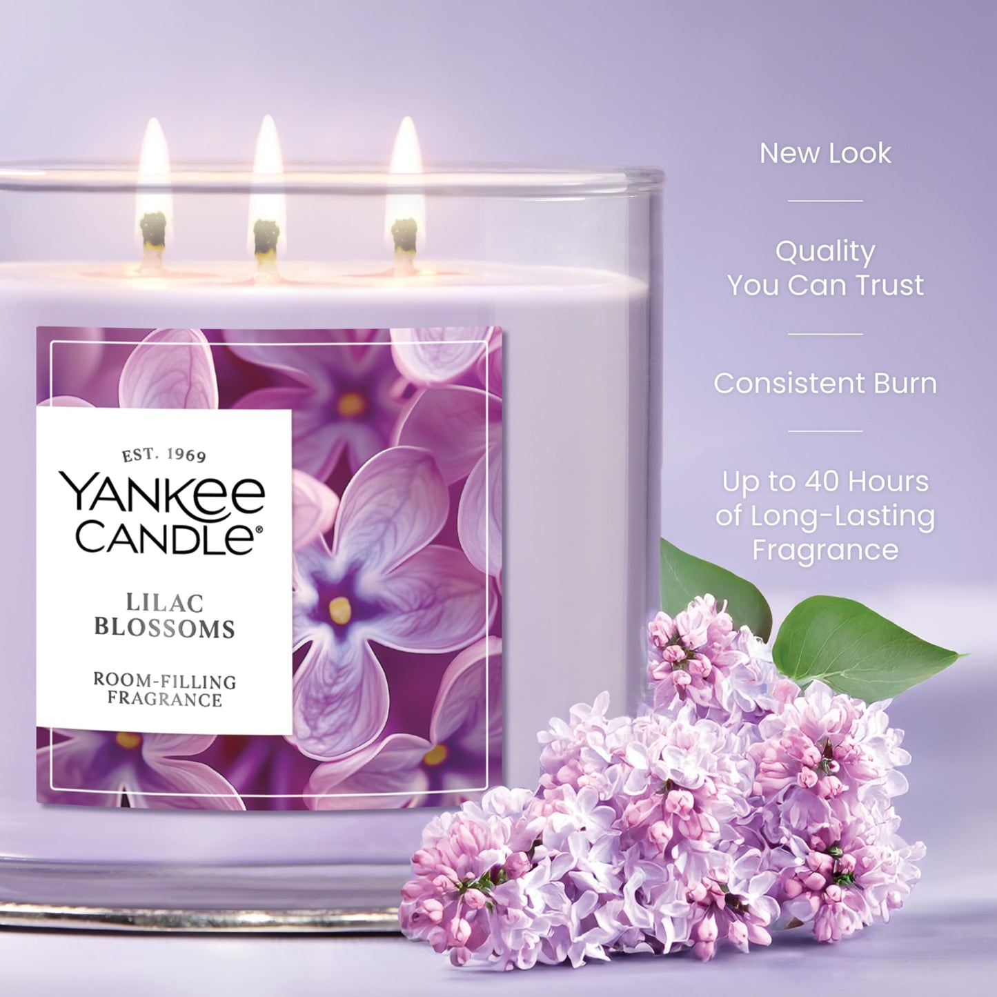 Yankee Candle 3-Wick Candle Jar, Lilac Blossoms, Scented Candle, 14.5 oz, Plant Wax Blend, Up to 40 Hours Burn Time, Gift