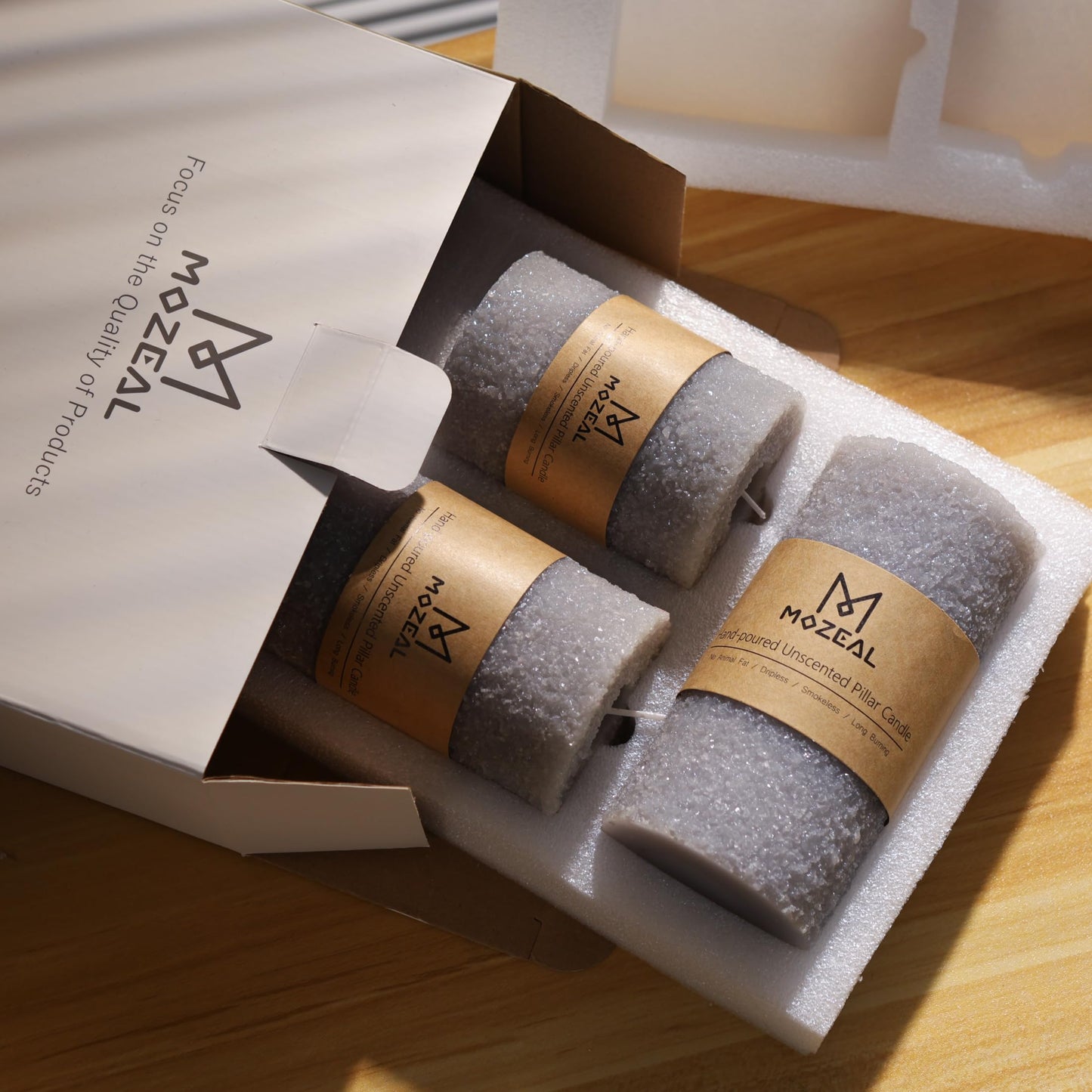 MOZEAL Hand-Poured Granular Texture Decorative Gray Pillar Candles Set of 3 (3'x4' 5' 6'),Approx 300 Hours Burn Time Dripless, Unscented, Smokeless