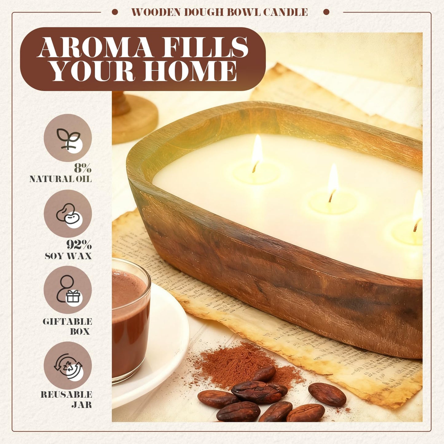 Threlaco 1 Pack 10 Inch Wood Dough Bowl Candles Home Rustic Dough Bowl Soy Candle 3 Wick Scented Candles Gifts for Men Women Farmhouse Table Centerpiece Home Decor for Christmas(Hot Cocoa)