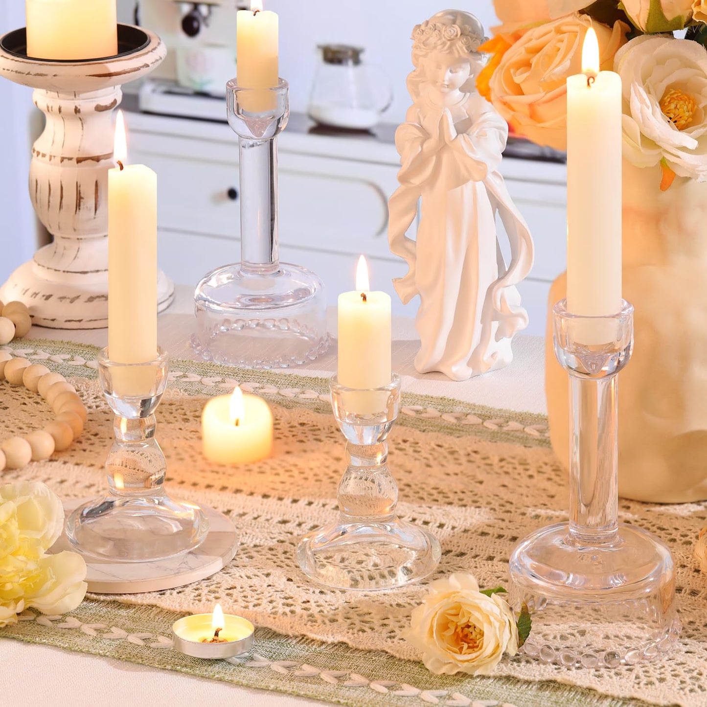 Lanttu Glass Candlestick Holders Set of 6 Clear Taper Candle Holder Bulk Crystal Candle Holders for Wedding, Table Centerpiece, Home Decoration