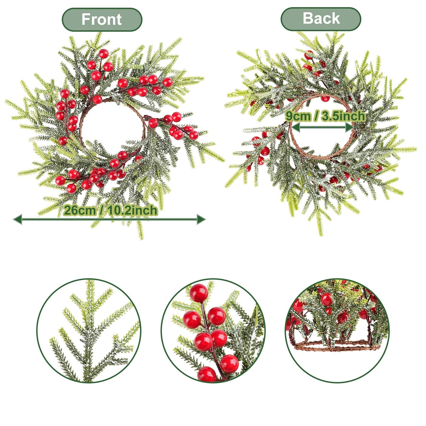 IWNTWY 6Pcs Christmas Candle Ring Wreaths, Artificial Red Berries Pine Branches Leaves Candle Rings for Pillars Candle Holder, Home Christmas Party Table Centerpiece Decoration