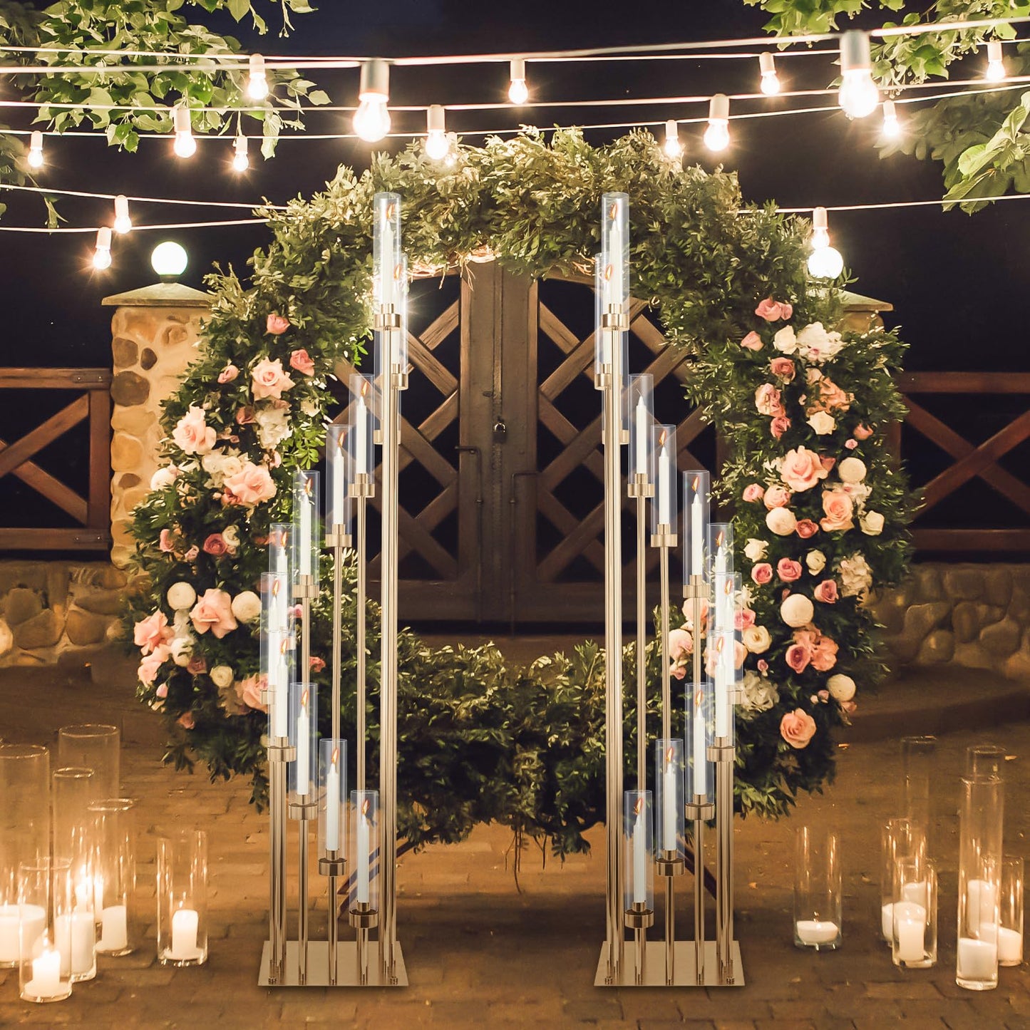 2 Sets 12Arm Gold Candelabra,Candle Holder with Clear Acrylic lampshades Fit Flameless or Wax,46'' High Large Floor Candelabra Centerpiece for Wedding Aisle Ceremony Reception Event Decoration