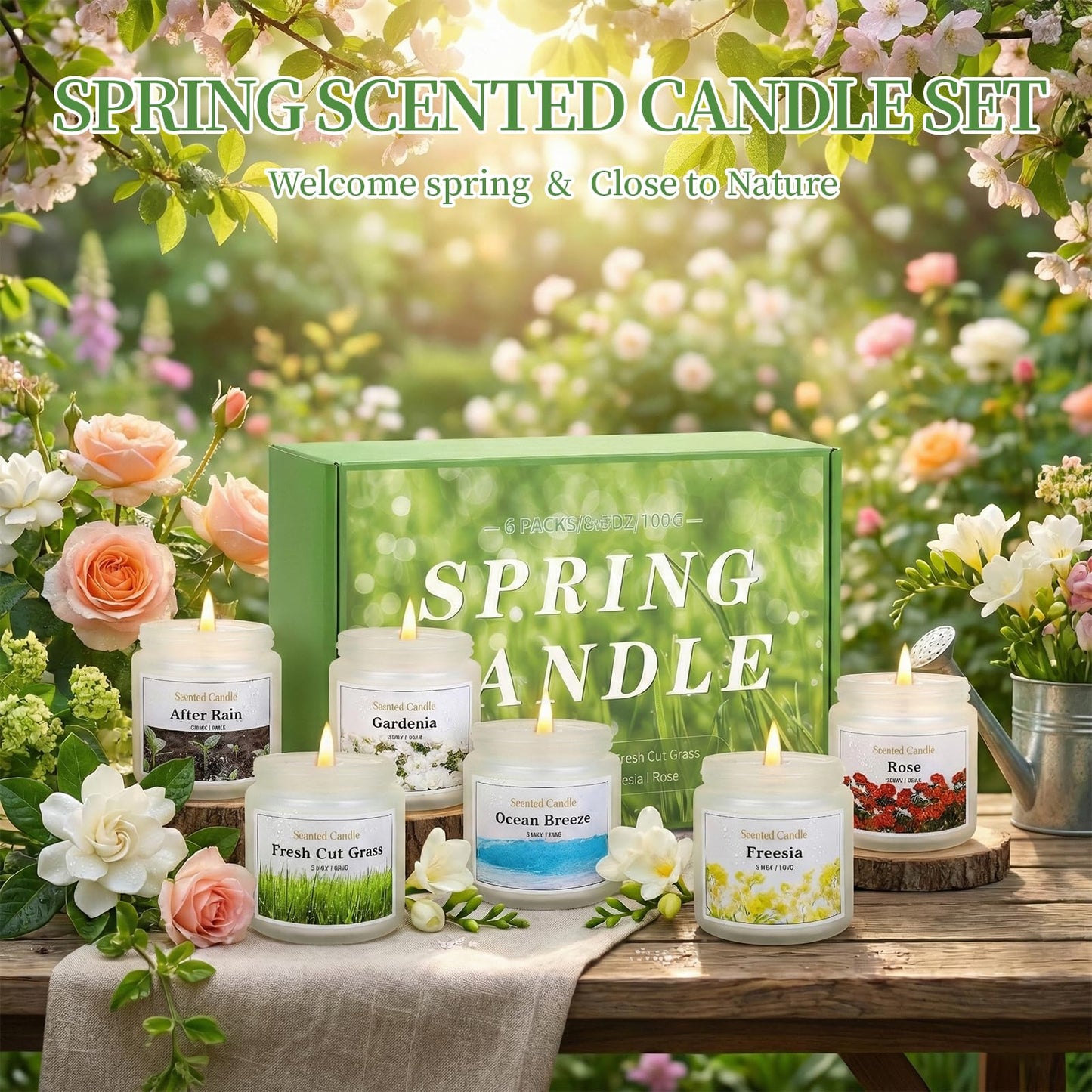 Spring Summer Scented Candles, 6 Pack Soy Wax Candles for Home Scented, 21 oz Aromatherapy Candle Gift Set for Women & Men, Freesia/Rose/After Rain/Gardenia/Fresh Cut Grass/Ocean Breeze