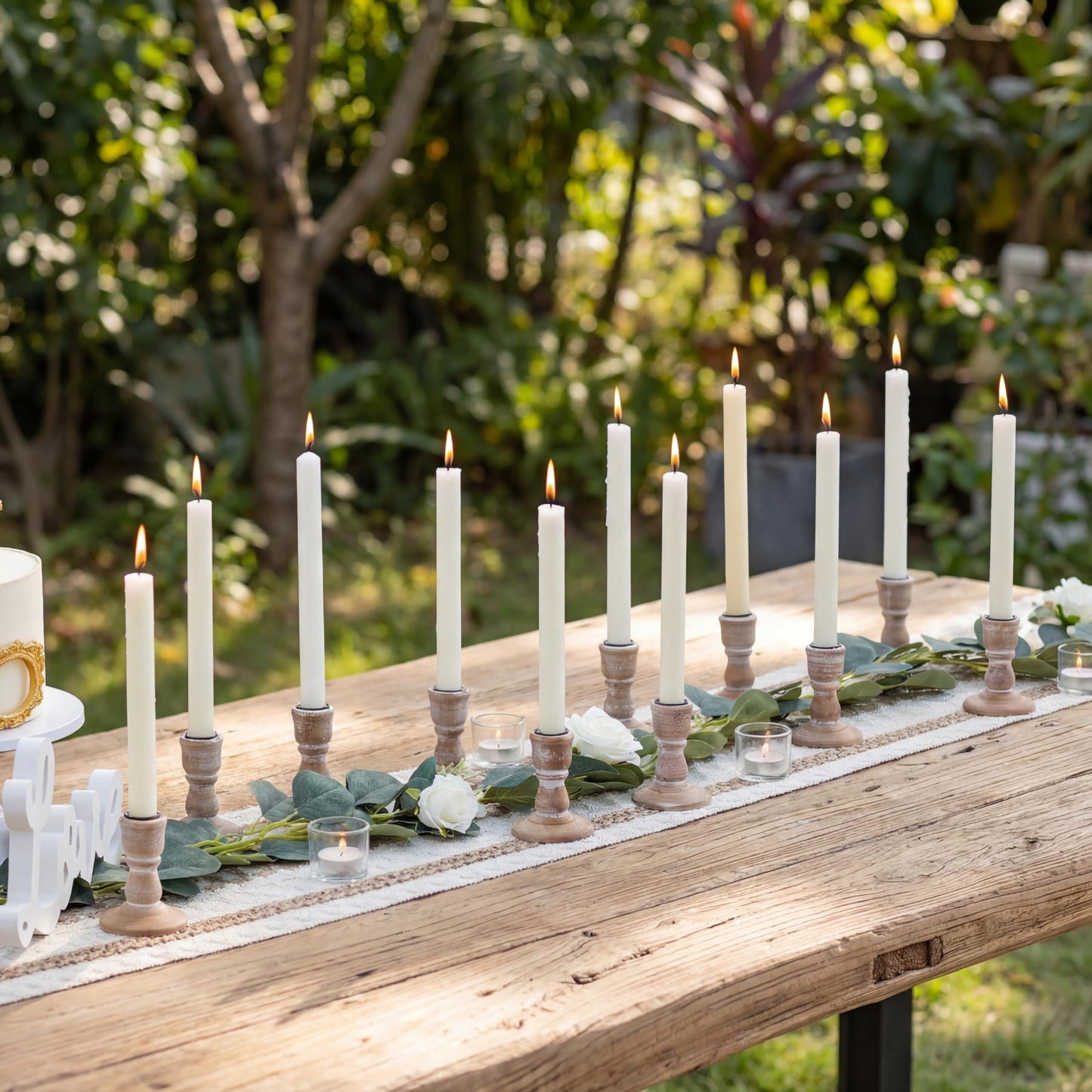 NUPTIO Candle Stick Holder Decor: Set of 10 Vinage Brown Wood Candlestick Holders - Bulk Boho Short Taper Candleholder for Fall Christmas Home Table Mantle Decoration