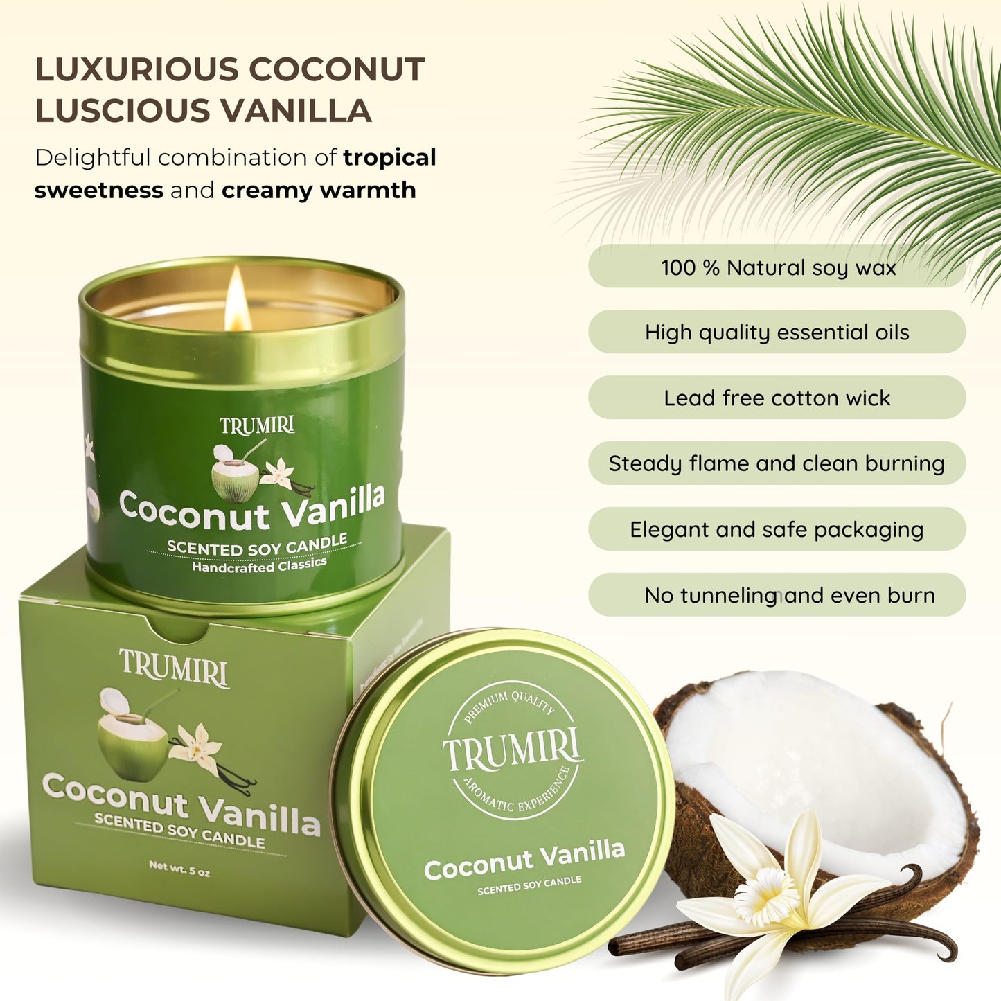 Coconut Vanilla - Aromatherapy Candles for Home Scented - 5oz Natural Soy Wax Clean Organic Non Toxic - Long Lasting Highly Scented with Essential Oils - Gifts for Women Relaxing Spa Beach Bathroom