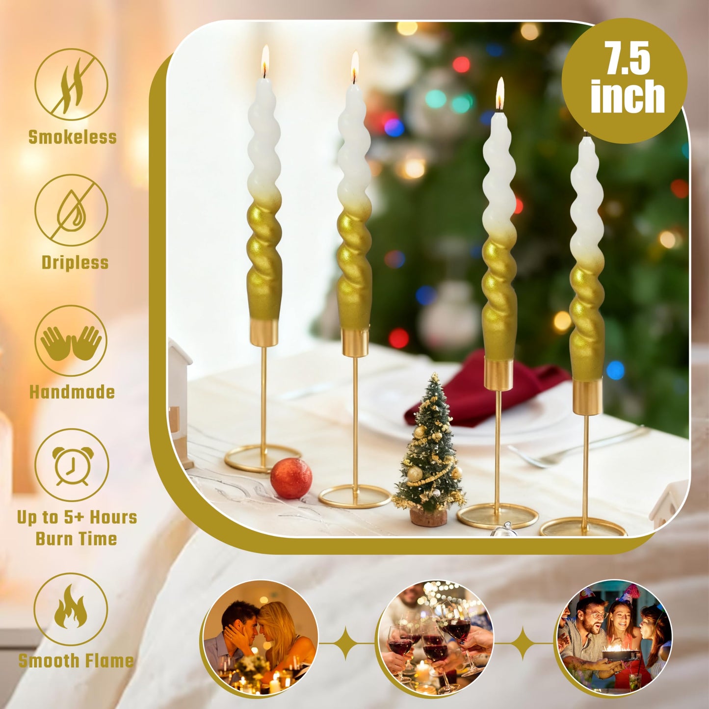 Christmas Spiral Candles Gold Taper Candles -7.5 in Unscented Candlestick for Winter Gift Holiday Christmas Home Decoration Candles, 4 Pack