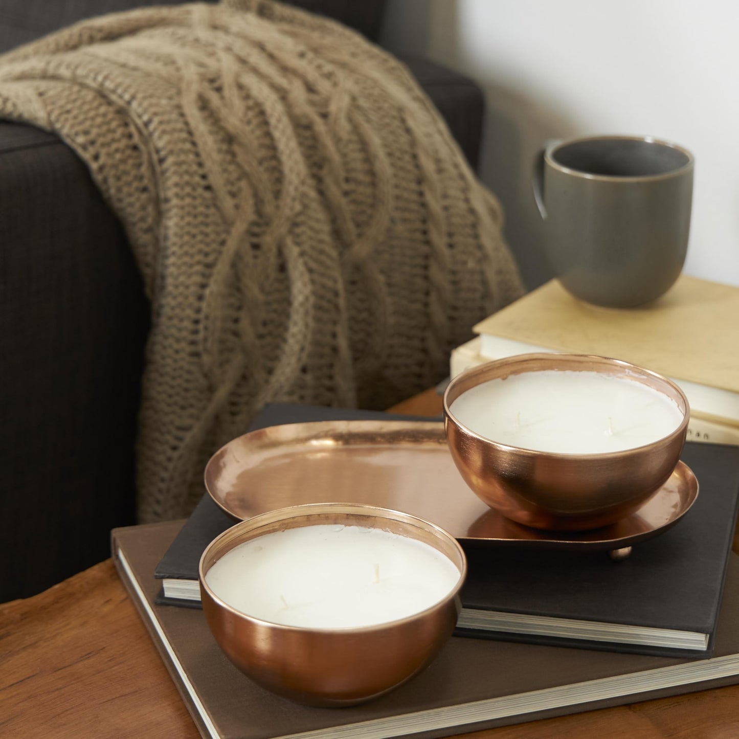 Deco 79 Metal Tropical Breeze Scented Double 12 oz 2 Wick Candle with White Wax and Tray, Set of 2 10" W, 3" H, Copper