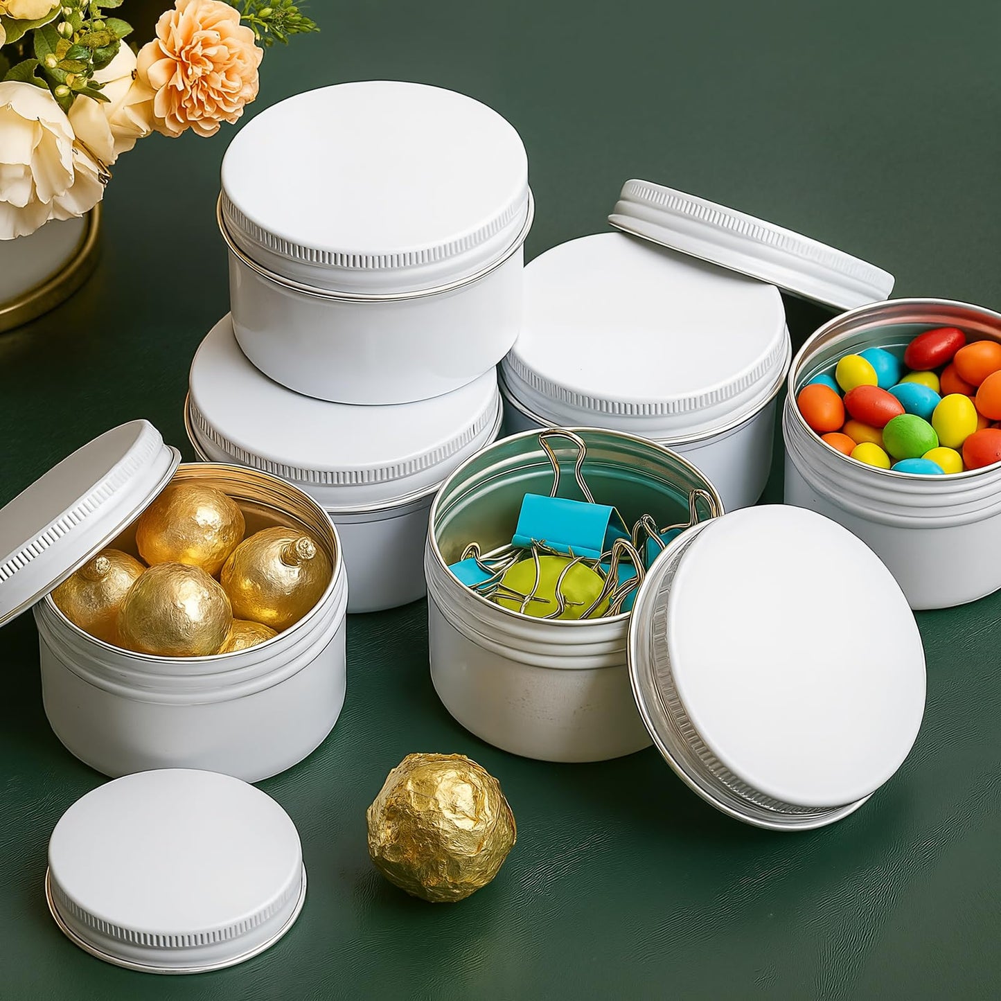Patelai 36 Pcs 4 oz Metal Round Tins Aluminum Tin Cans Salve Tins Containers with Screw Lid 10 Sheets Stickers for Salve Spice Candies Balms Candles(White)