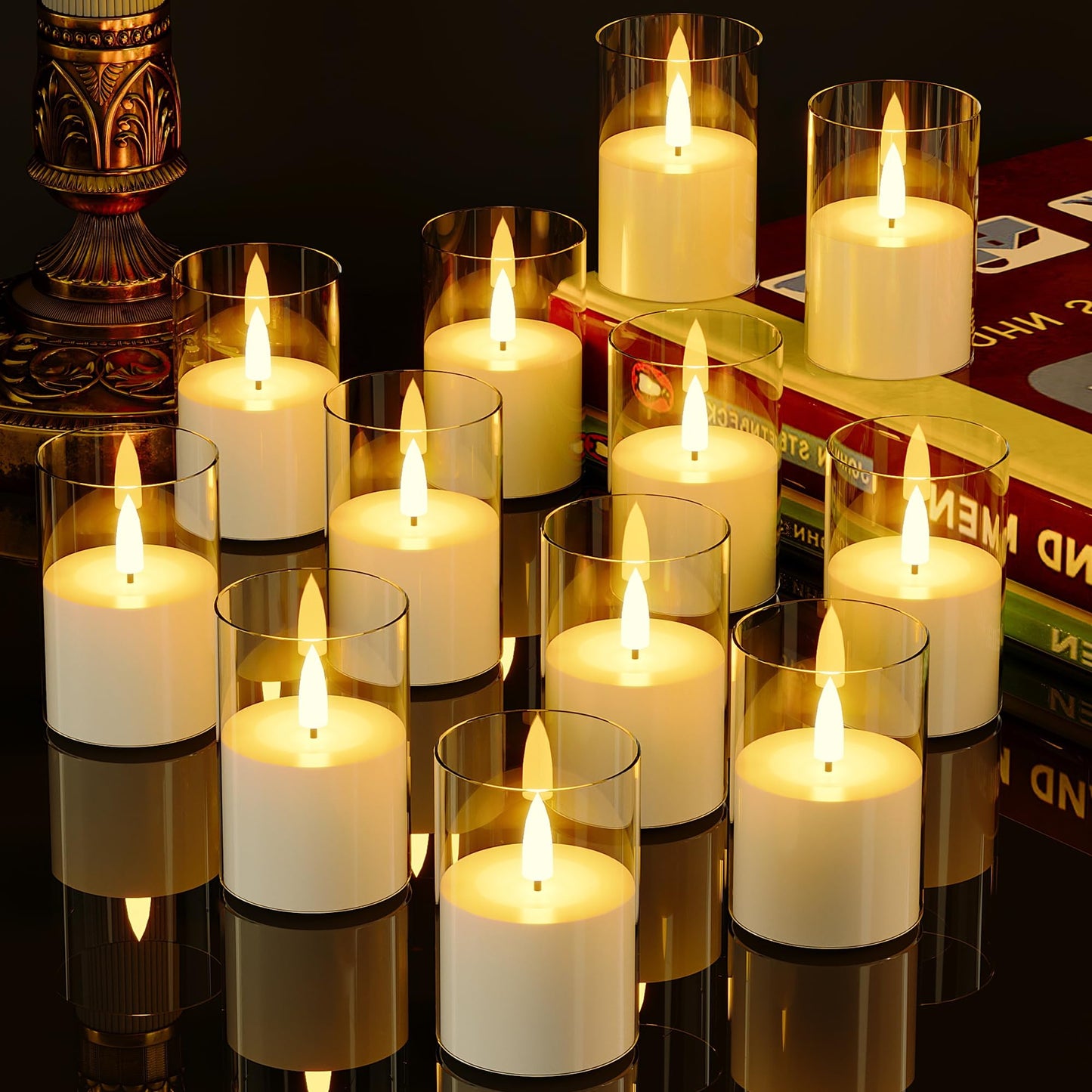 VIODAIM 12Pack Flickering Flameless LED Candles with Timer, Battery Powered - Small Pillar & Votive, Clear (2"X3")