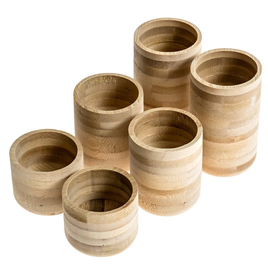 Bamboo Wood Tealight Candle Holder, Rustic Centrepieces, Wedding Wood Centerpieces, 6-Pack Wooden Candle Holders, 1.5, 2.25, & 3-Inch-Tall Table Wooden Tea Light Holders - Cedar and Ink