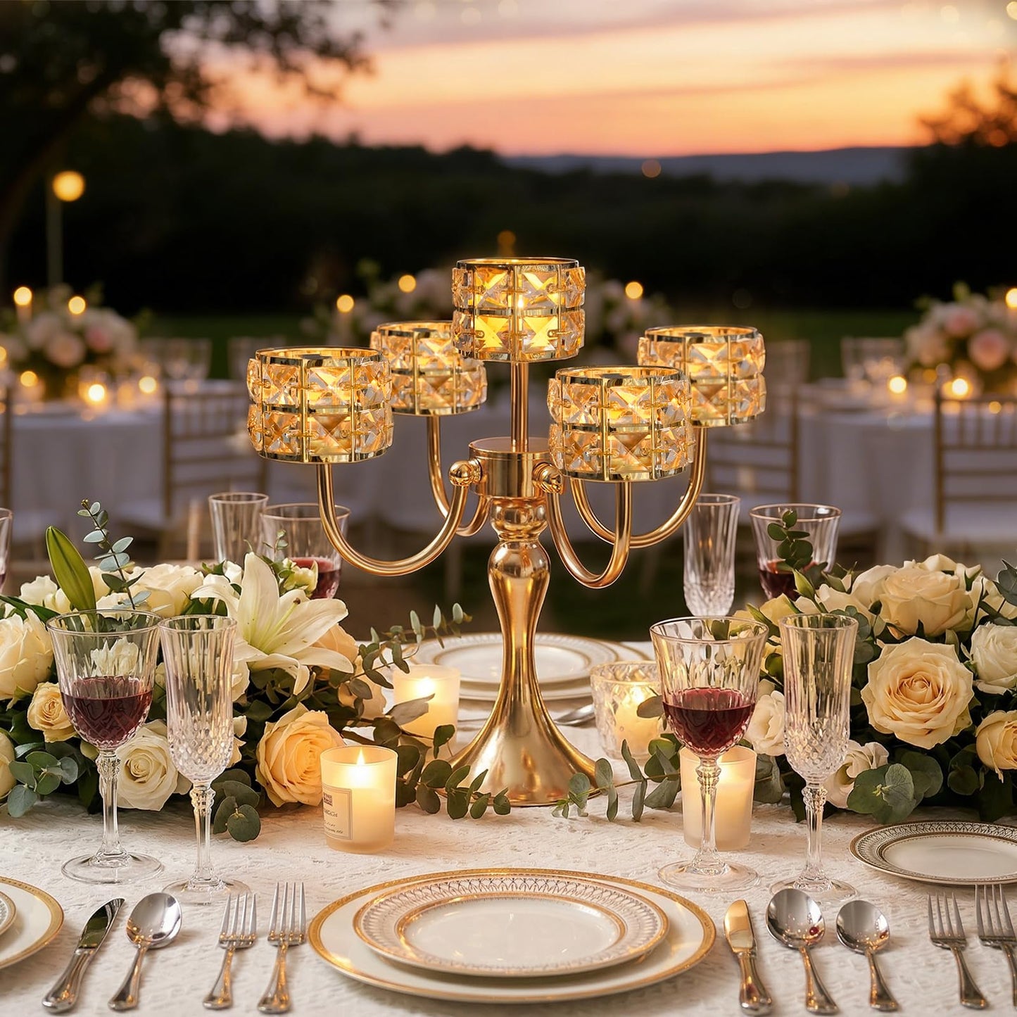 5 Arm Metal Crystal Candelabra Centerpiece - 13.4 Inch Elegant Candle Holder with Crystal Beads for Wedding Party Christmas Home Dining Table Decoration (2, Style-B-Gold)