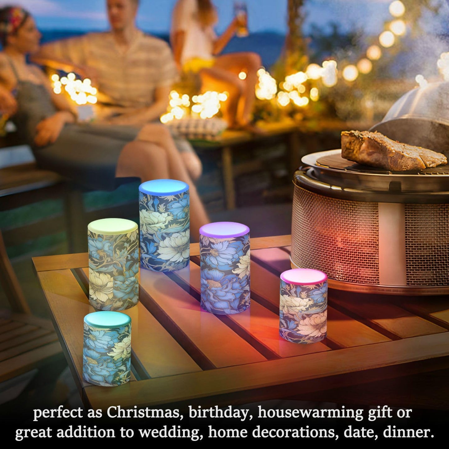 ALAZA Blue Gold Luxury Flowers Flickering Flameless Candles Battery Operated with Remote Timer,Tea Light Candles LED Pillar Votive Candles Set of 2 for Outdoor Indoor Decorations