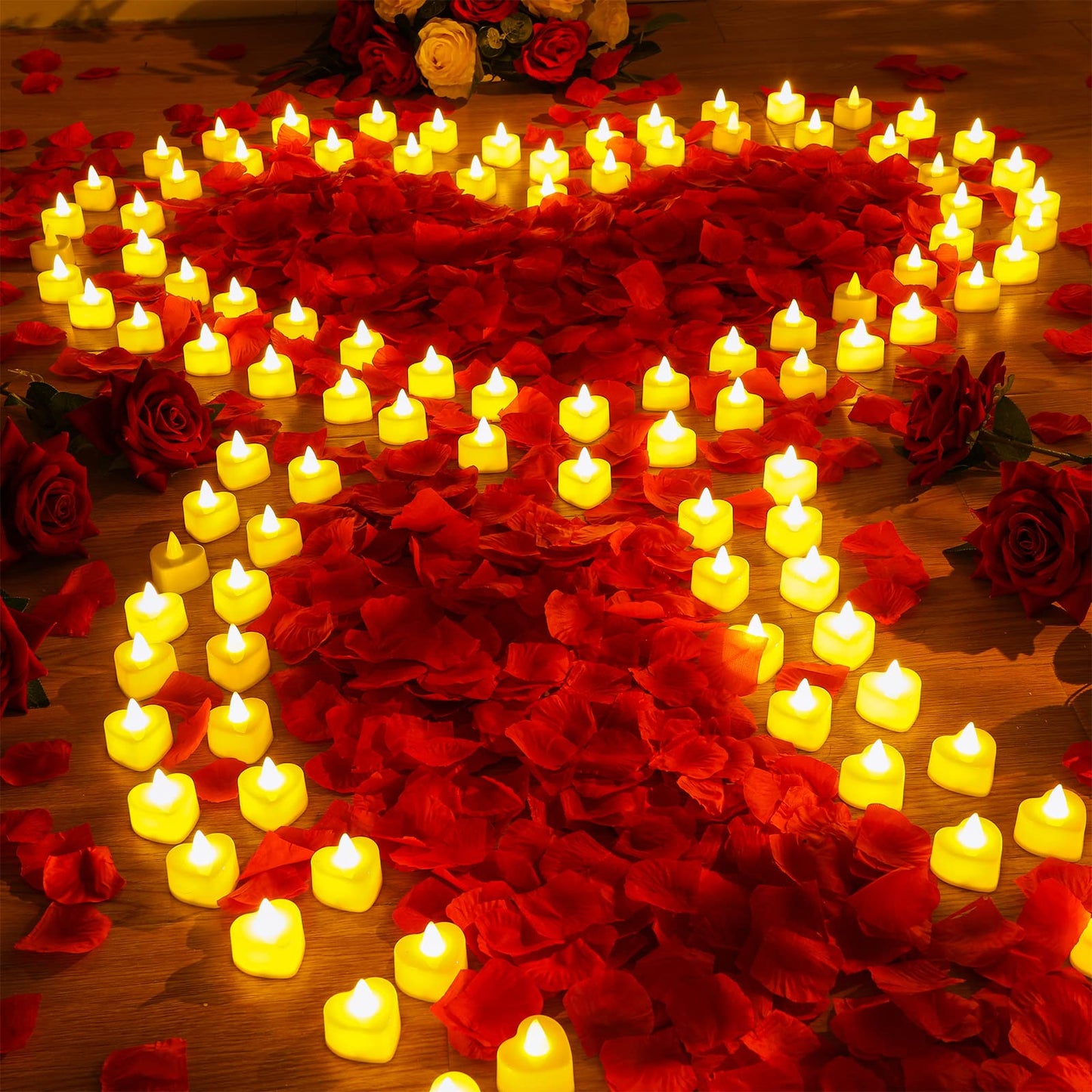 Coume 120 Pcs Romantic LED Heart-Shaped Candles with 6000 Rose Petals Set, Perfect for Weddings, Anniversaries, Home Decor, Date, Valentine’s Day, Battery-Operated, Reusable (Warm White Light)