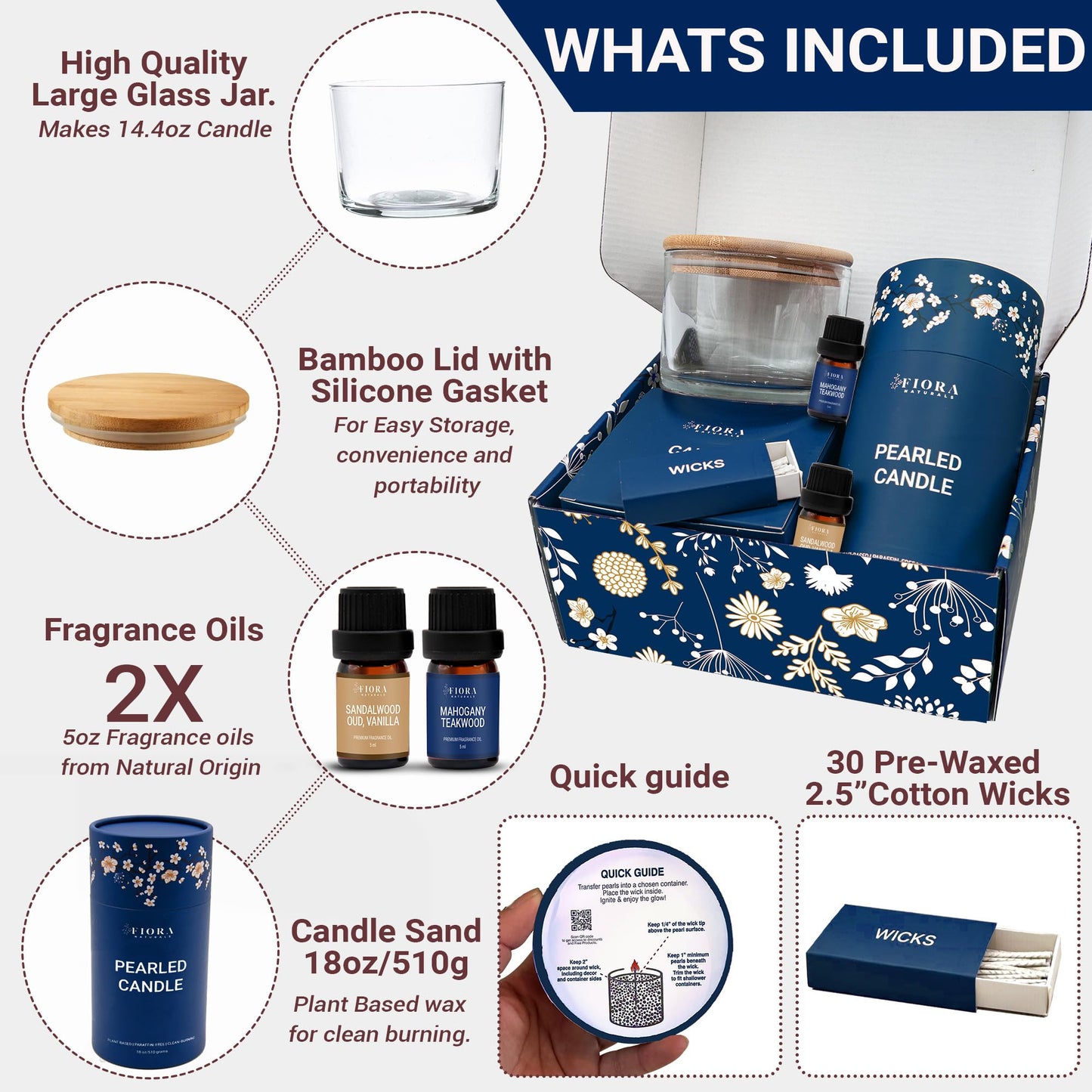 Fiora Naturals Pearled Candle - Long Lasting Sand Candle Wax Set, Refillable Non-Toxic Luxury Pearled Sand with Wicks for Candle Making, DIY Candle Making