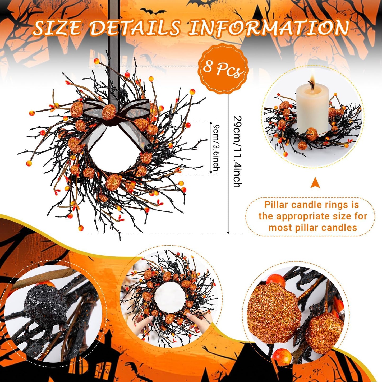 8 PCS Halloween Candle Rings Wreaths Black Orange Berries & Pumpkin Candle Rings Mini Wreath 3.5 Inch Center for Pillar Candle Halloween Fall Thanksgiving Party Home Table Indoor Decorations