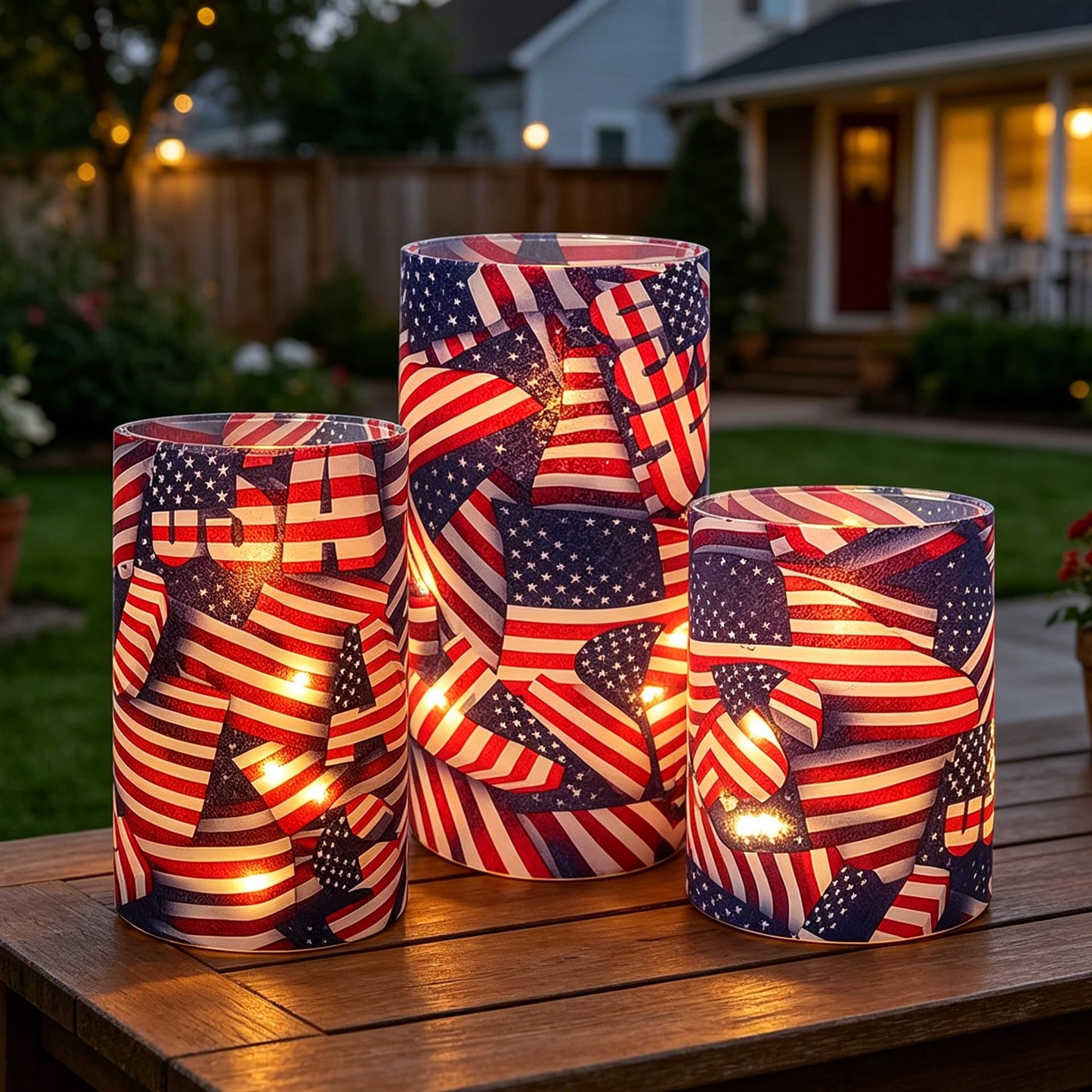 Independence Day Patriot Flickering Flameless Candles US Flag, Embedded Star String Lights, Battery Operated Acrylic LED Pillar Candles with 11-Key Remote and Timer for Home Decoration, 3 Pack