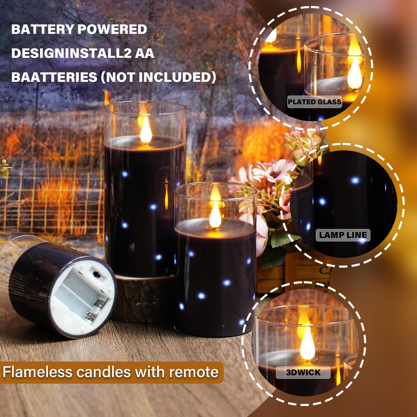 Nimiko Real Wax Flameless Candles Glass,Battery Operated LED Candles with Flickering Flame,Glass Shell,Interior Star Light Decoration Set of 3 Black (D3×H 4" 5" 6") for Home Decor,Holiday Decoration